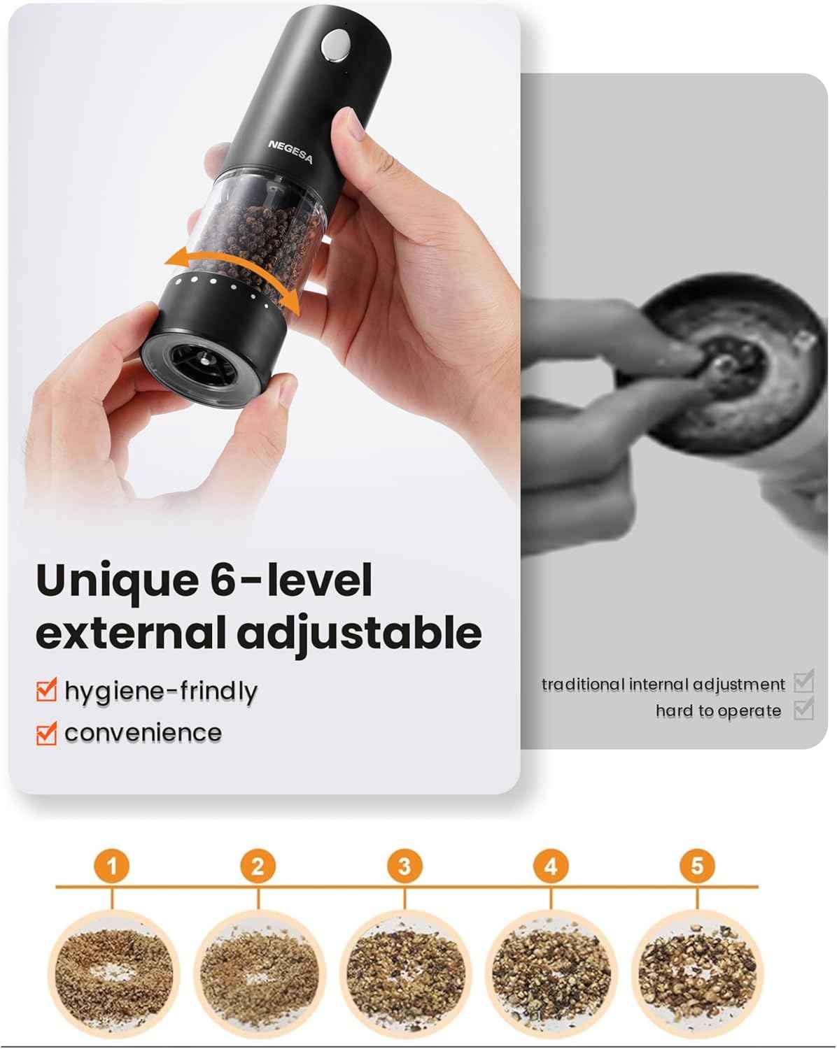 Electric Salt and Pepper Grinder Set with Rechargeable Base - Automatic Refillable Electric Salt and Pepper Shakers with Large Capacity, LED Light & Adjustable Coarseness, Black