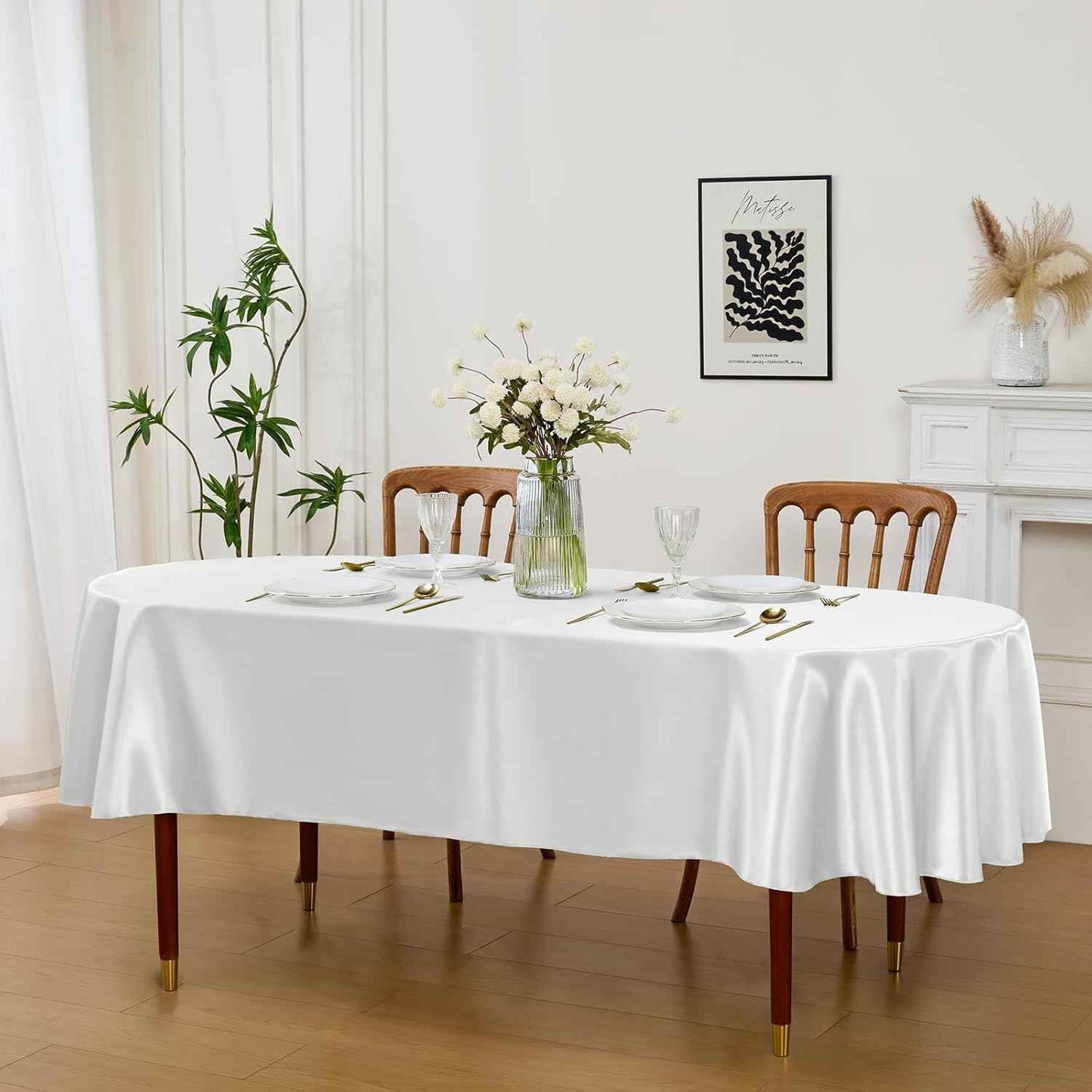 White Satin Oval Tablecloth 60 x 84 Inch Washable for Indoor/Outdoor Use, Wrinkle Resistant Stain Fabric Table Cover for Farmhouse, Dining, Kitchen, Wedding, Banquet, Party