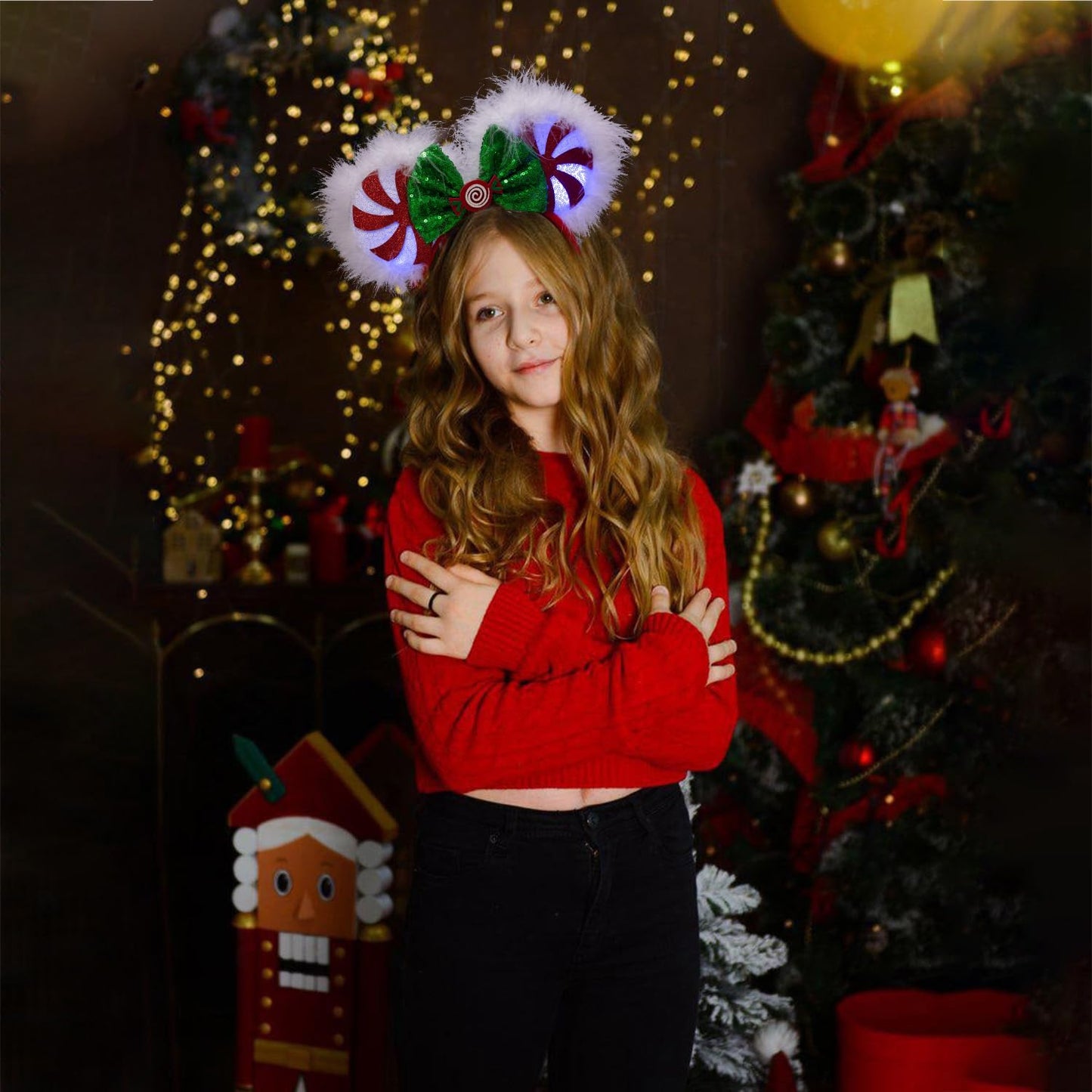 JIAHANG Christmas LED Flash Mouse Ear Headband, Lollipop Light Up Furry Edged Sequin Bow Hairband, Glowing Festival Party Decoration Headwear for Women Girls
