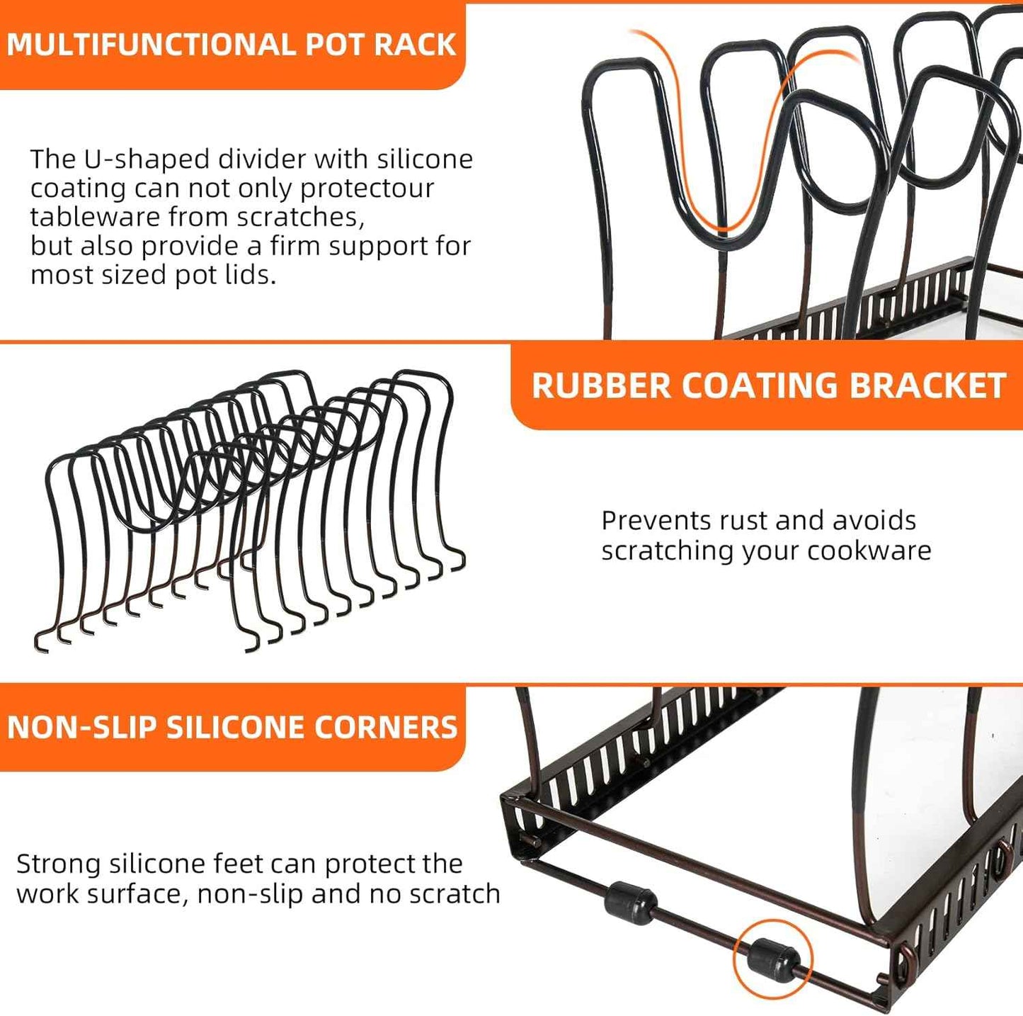 Bronze Expandable Pot and Pan Organizer with 10 Adjustable Compartments for Kitchen Cabinet Cookware