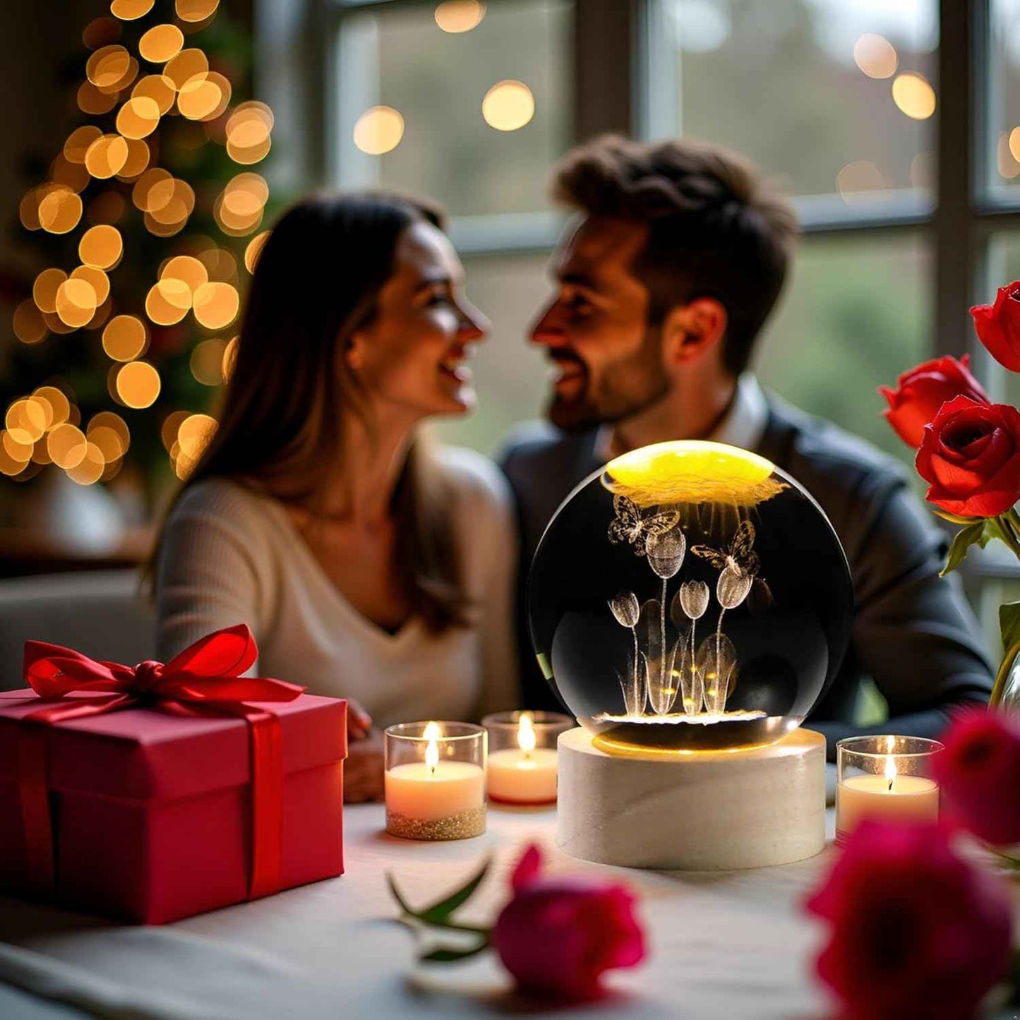 Enjinkail 3D Butterfly Tulips Crystal Ball with Wooden Light Base Glass Tulip Figurine Gift for Women Decor Tulips Statue Gifts for Mother's Day Birthday Valentine Christmas (Diameter 2.36 inches)