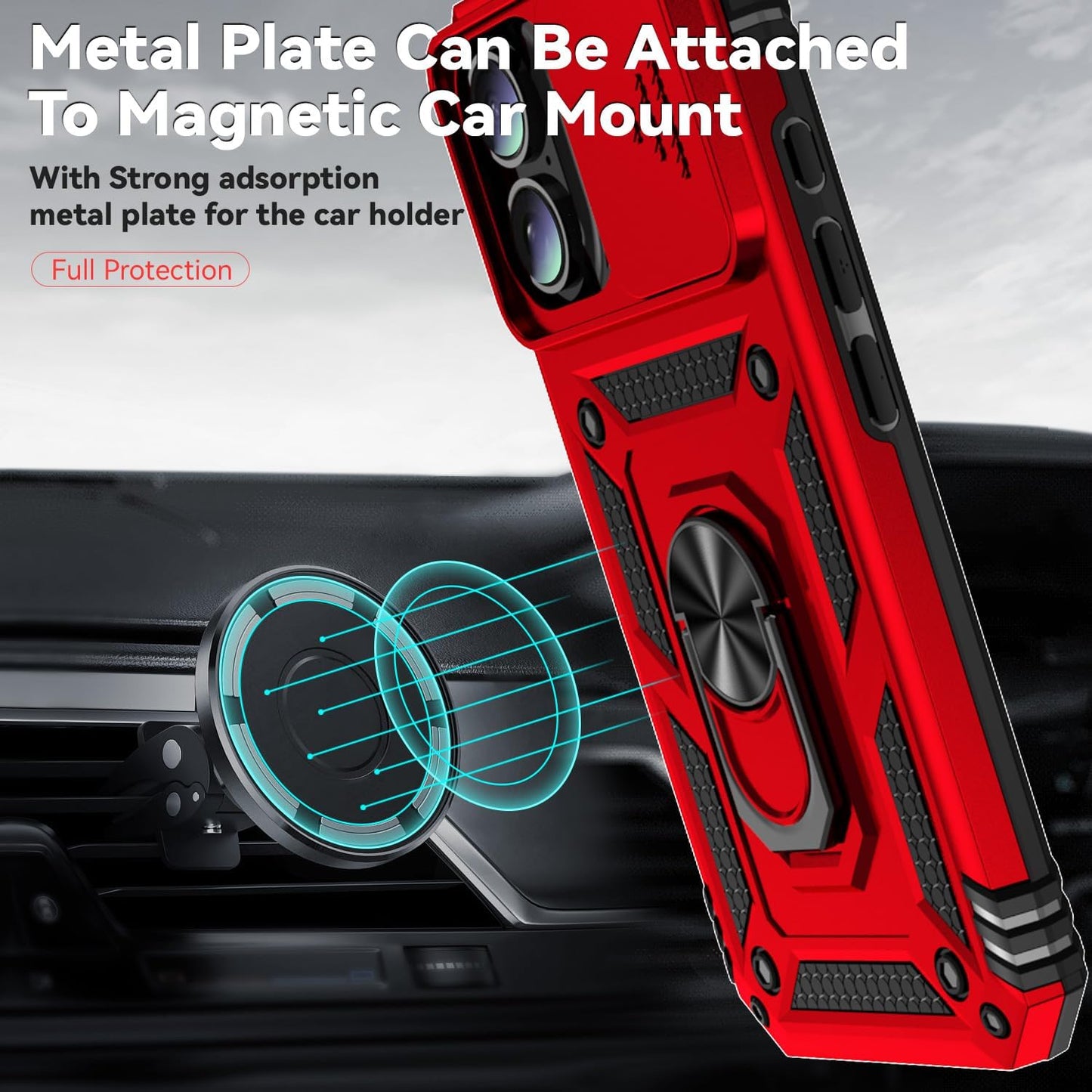 SunStory Phone Case for iPhone 16 6.1" with HD Screen Protector | Slide Camera Cover | Rotated Ring Kickstand | Military-Grade Protection | Red