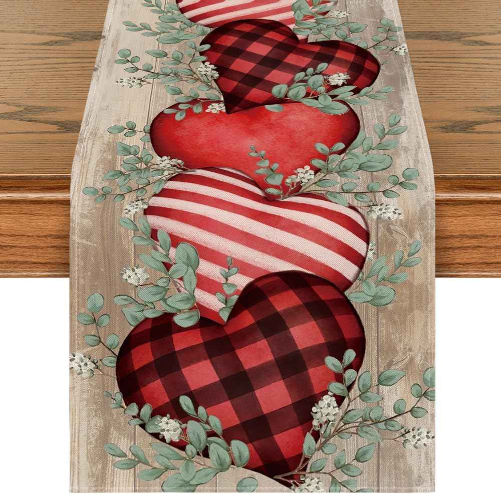 Artoid Mode Eucalyptus Hearts Valentine's Day Table Runner, Holiday Kitchen Dining Table Decoration for Home Party Indoor 13x72 Inch