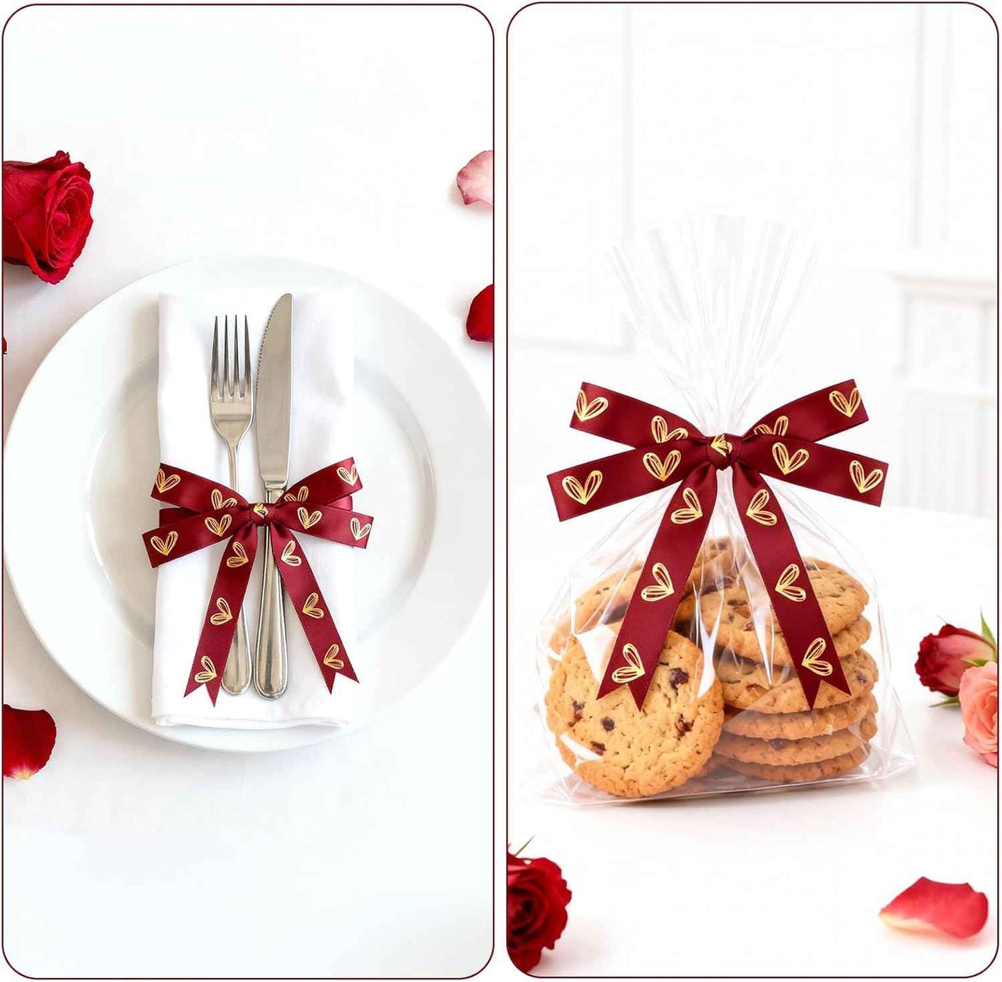 KINGLAKE Valentine's Day Ribbon Red - 1/2'' x 20 Yds Red Heart Satin Ribbon for Gift Wrapping Valentine Ribbons with Gold Heart for Crafts Flower Bouquet Party Home Decorations