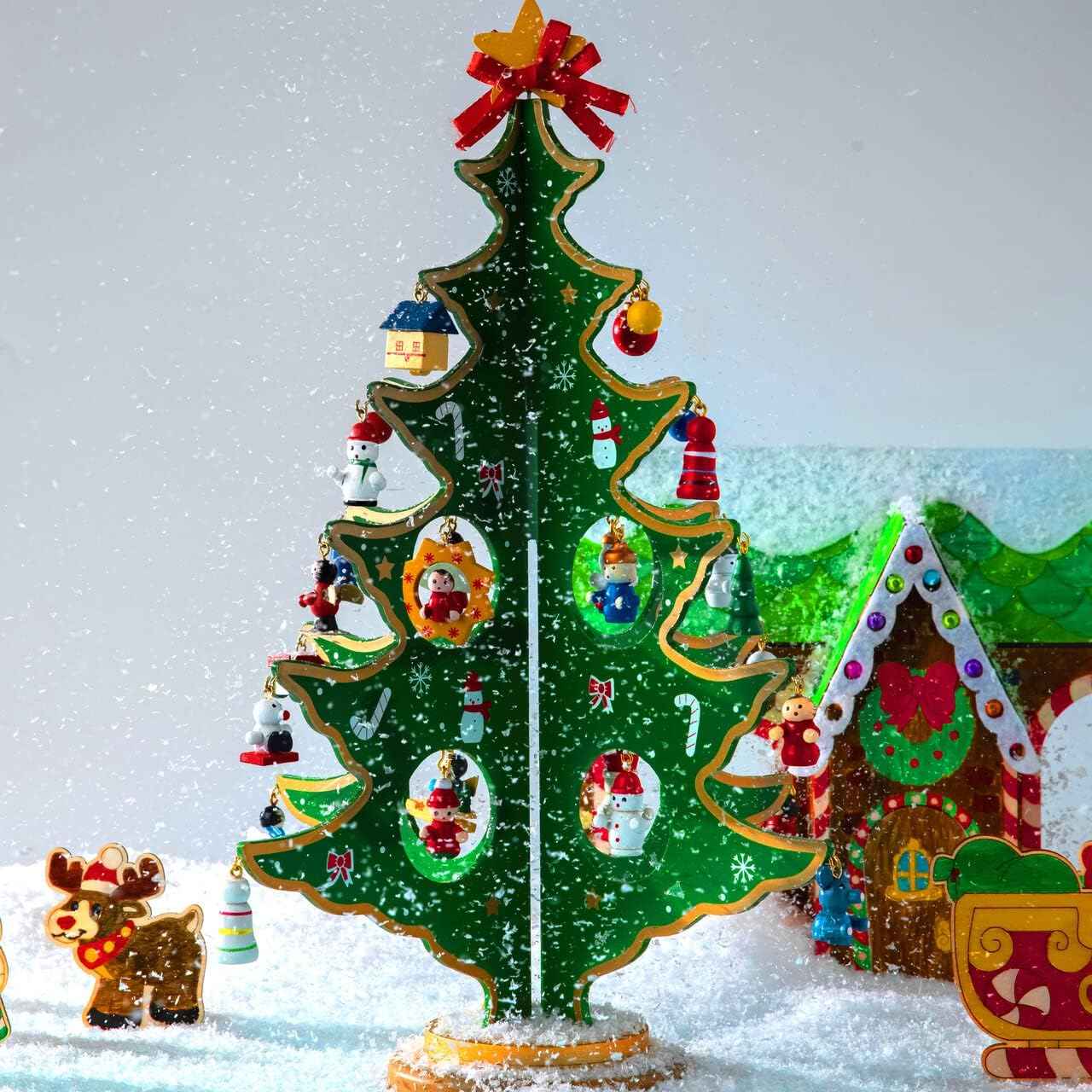 JOYIN Christmas 24 Days Countdown Advent Calendar with a Tabletop Wooden Christmas Tree and 28 Ornaments Snowman Santa Decorations for Boys, Girls and Kids Party Favors, Classroom Prizes, Xmas Gift