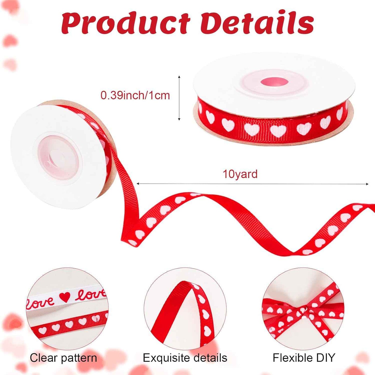Valentines Day Ribbon, 2 Rolls 3/8 Inch Heart & Love Satin Ribbon for Gift Wrapping Crafts Bouquets Red Pink Total 20 Yard for Valentines Home Decor Wedding DIY Projects