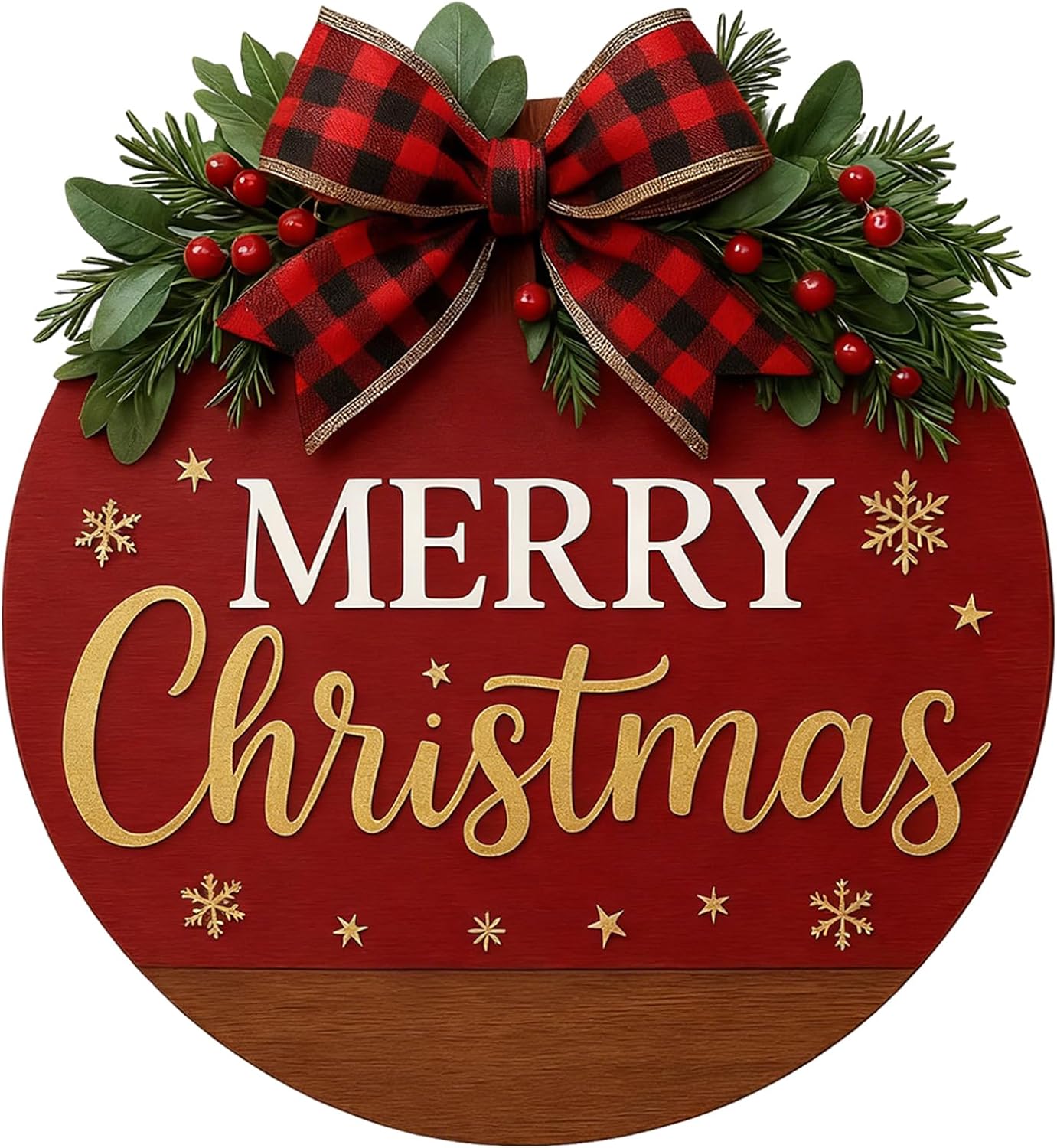 Merry Christmas Wreath Hanging Sign for Front Door, Wooden Welcome Wreaths Sign with Bow for Holiday Rustic Farmhouse Outdoor Wall Window Decor (Merry Christmas)