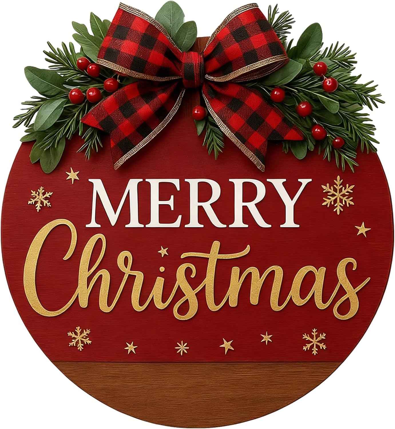 Merry Christmas Wreath Hanging Sign for Front Door, Wooden Welcome Wreaths Sign with Bow for Holiday Rustic Farmhouse Outdoor Wall Window Decor (Merry Christmas)