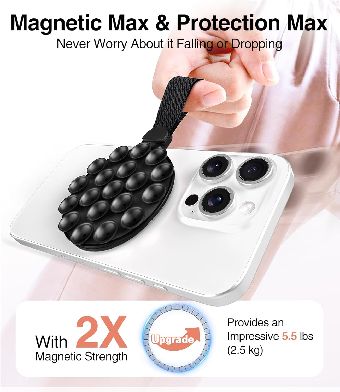 MagSuction Grip Magnetic Phone Grip Holder for MagSafe, Silicone Suction Phone Mount, Adjustable Kickstand with Finger Loop, Compatible with iPhone 16/15/14/13/12 Series (Black)