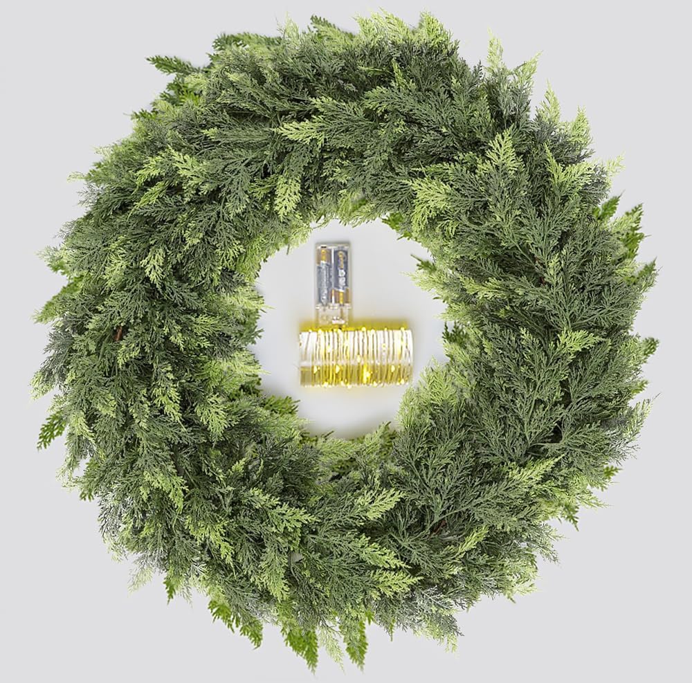 9FT Cedar Garland with Lights, Prelit Christmas Garland Artificial Realistic, Real Touch Pine Christmas Garland for Mantle Stairs Outdoor Decoration, Battery Operated Faux Greenery Garlands Thick Lush