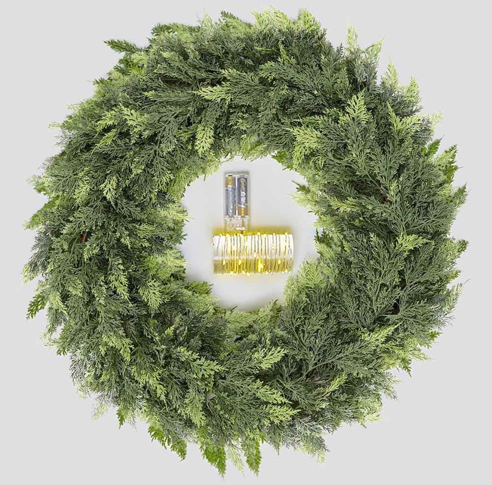9FT Cedar Garland with Lights, Prelit Christmas Garland Artificial Realistic, Real Touch Pine Christmas Garland for Mantle Stairs Outdoor Decoration, Battery Operated Faux Greenery Garlands Thick Lush