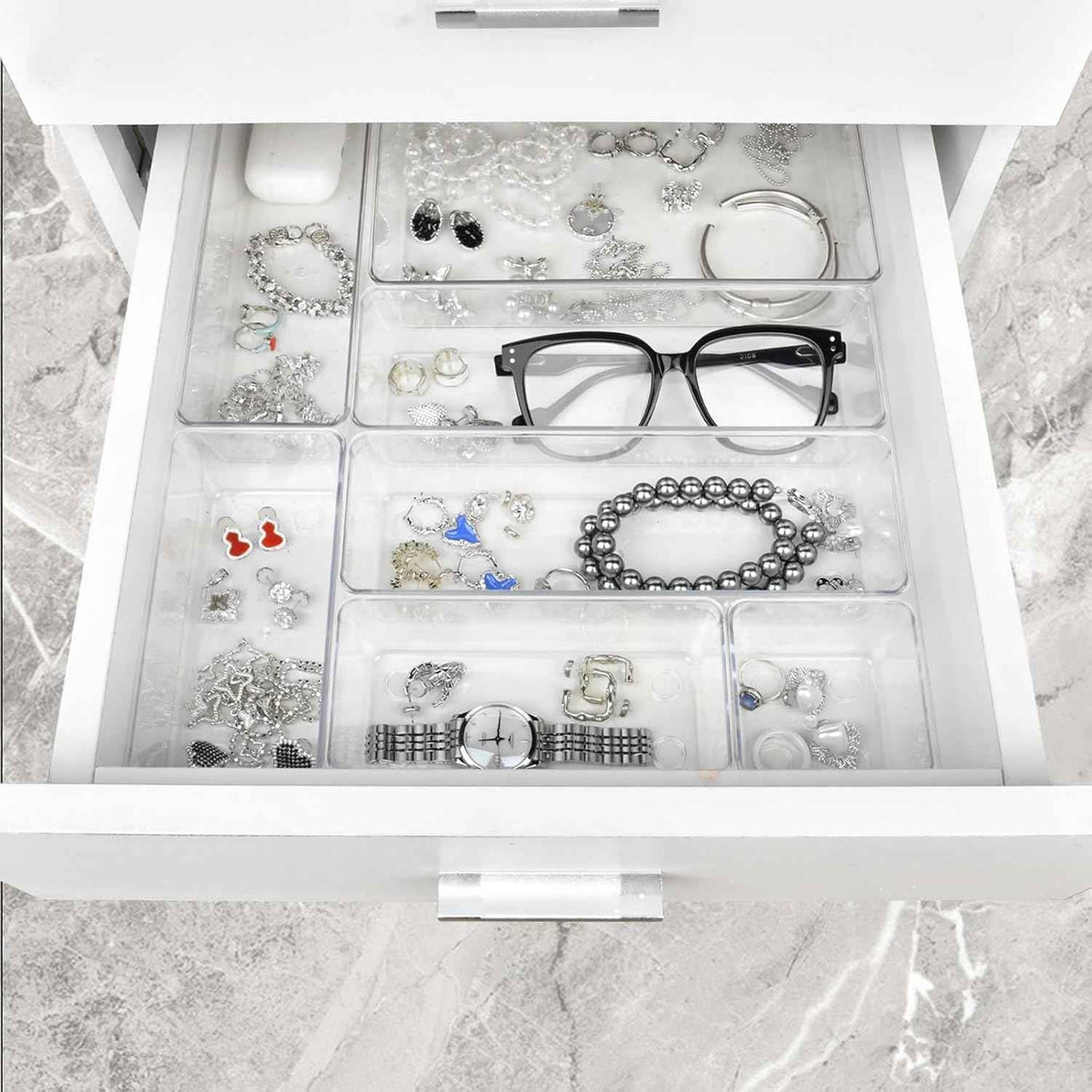 Drawer Organizer Set of 15, 4 Sizes Clear Plastic for Kitchen, Bathroom, Office, Dresser Desk Organizers