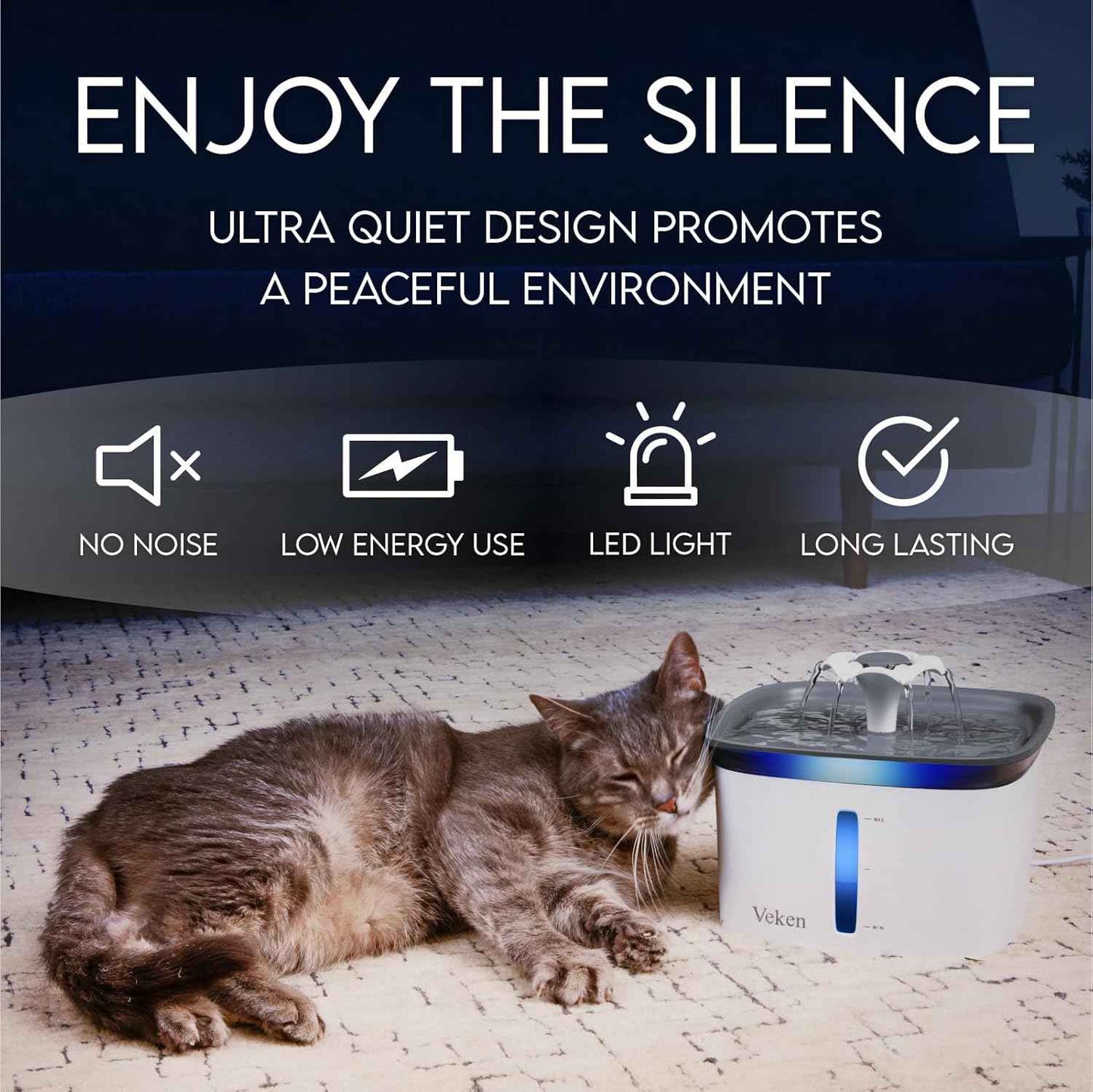 Veken Innovation Award Winner 95oz/2.8L Pet Fountain, Automatic Cat Water Fountain Dog Water Dispenser with Replacement Filters for Cats, Dogs, Multiple Pets (Grey, Plastic)