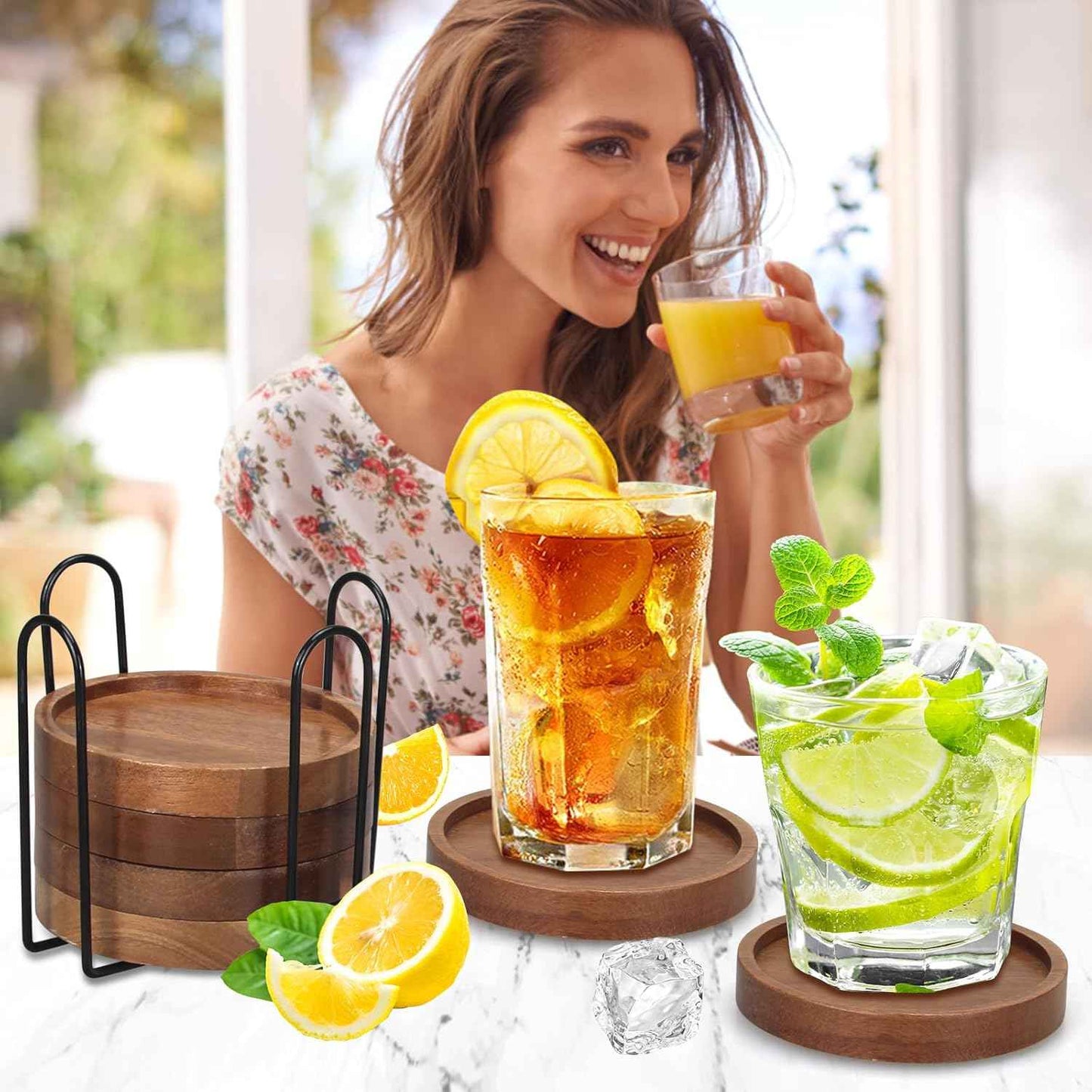 6 Pcs Best Wooden Coasters with Holder Coffee Table Decor Acacia Wood Coaster Set Modern Cup Coaster for Drink Home Dining Table Kitchen Accessories Cute Beer Bar Decorative Rustic Outdoor Coasters