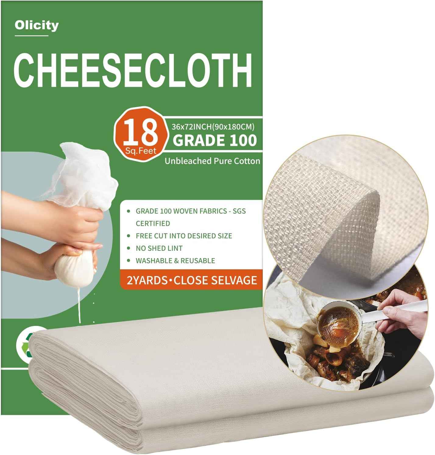 Organic Cheese Cloths, GOTS Certified, Grade 100, 36x36Inch, Reusable Cheese Cloth with Closed Edges Fabric Fine Mesh Cloth, Unbleached Cotton Muslin Cheesecloth for Straining,Cooking,Crafts - 9 Sq.Ft