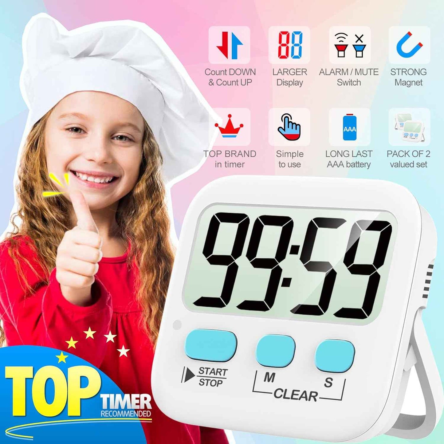 Antonki 2 Pack Digital Timer for Kids, Magnetic Countdown Kitchen Timers for Cooking, Egg, Classroom, Teacher, Exercise, Study, Oven - Battery Included