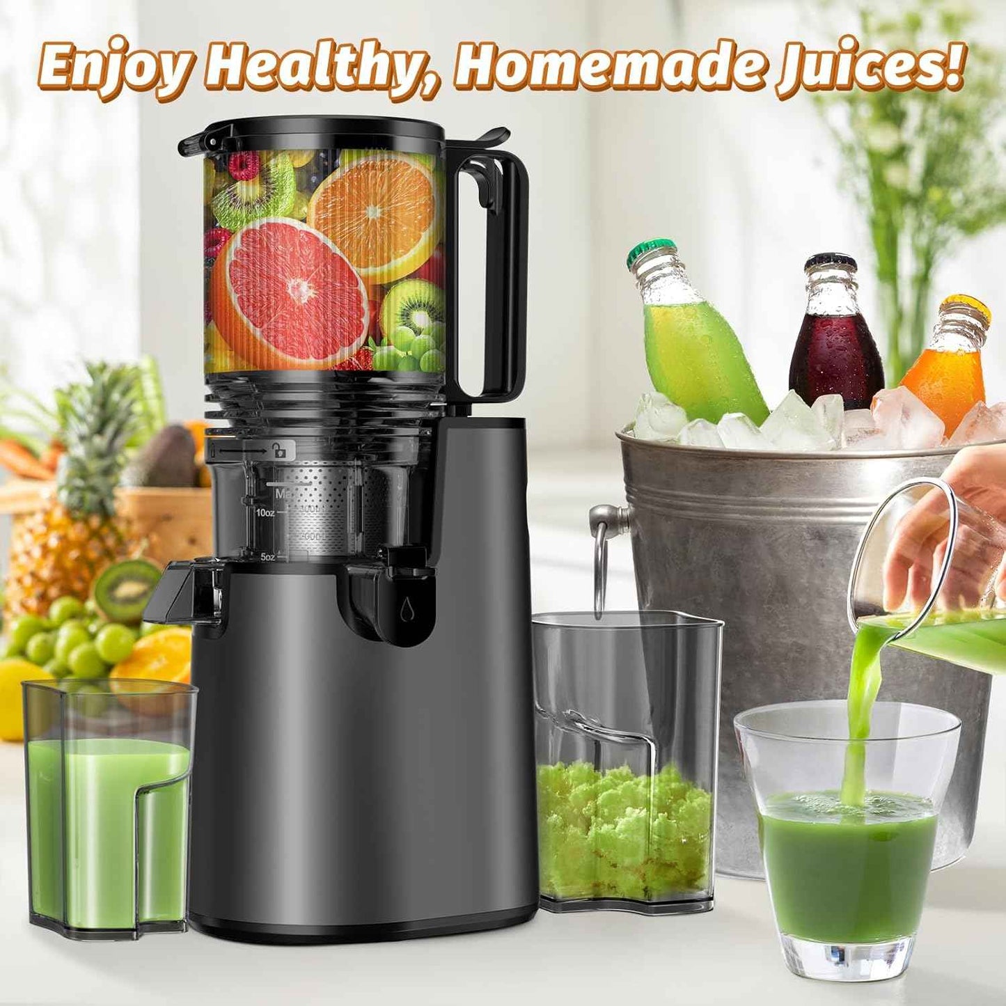 cold press juicer with 5.4" wide feed chute for juice extractor and high juice yield black