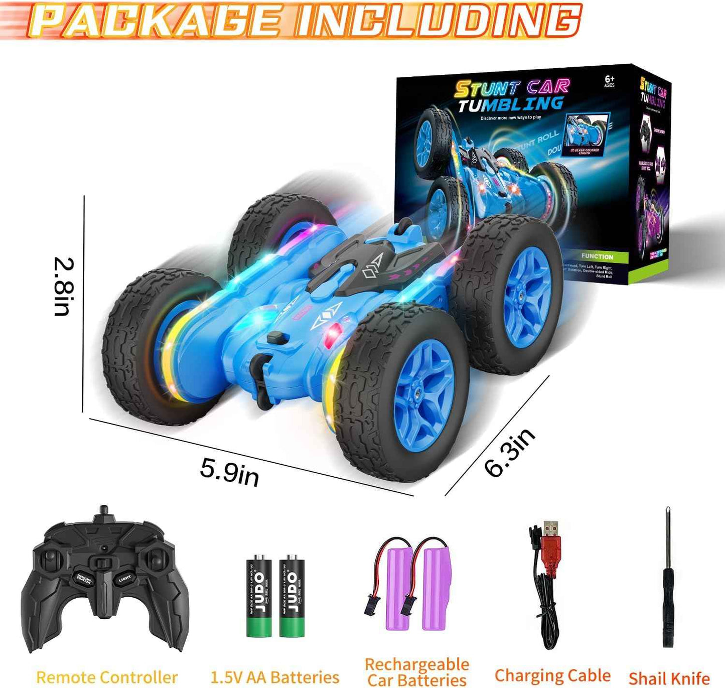 Remote Control Car, Rc Cars Stunt Kids Toys New Upgraded Strip Lights and Headlights Double-Sided 360Β° Rotating 4WD Drift Truck for Boys Girls Birthday Gift (Blue)