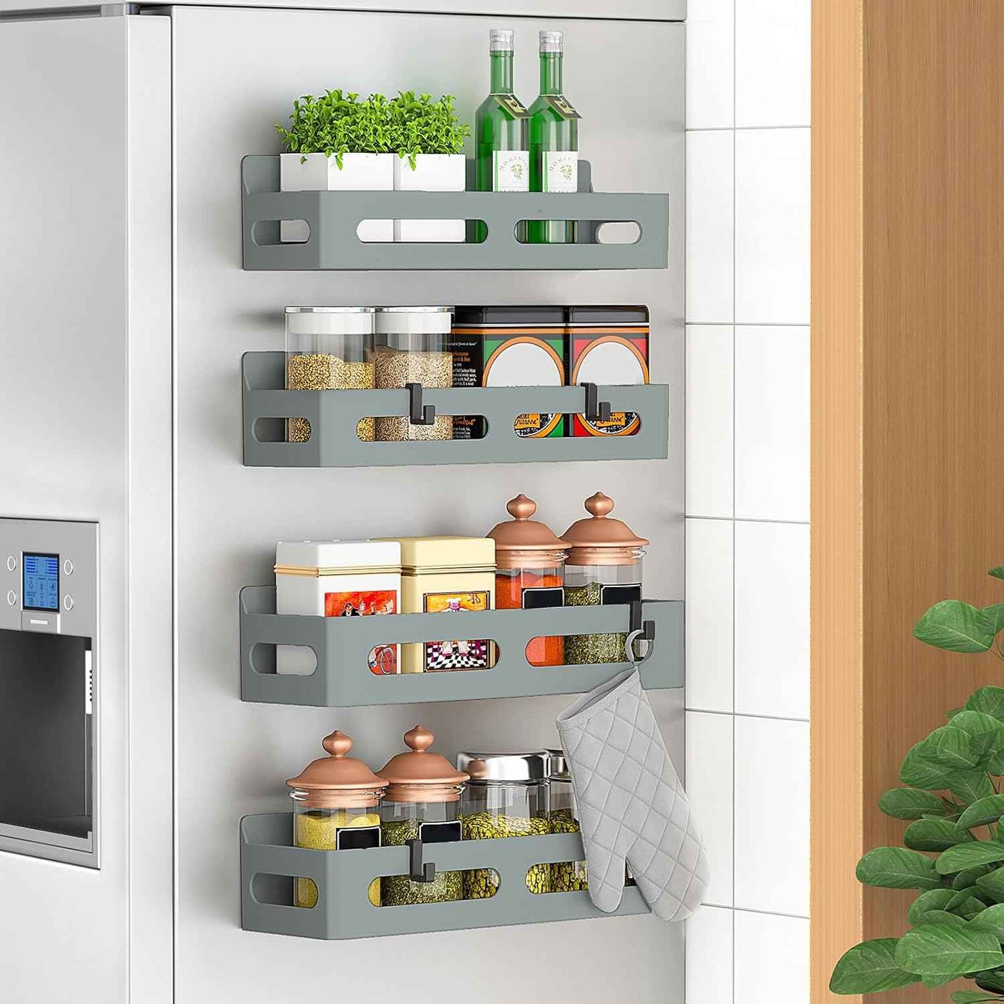 4 Pack Magnetic Spice Rack for Refrigerator, Spice Rack Organizer, Moveable Magnetic Shelf Fridge Organizer with 4 Hooks for Kitchen and Oven Organization, Black