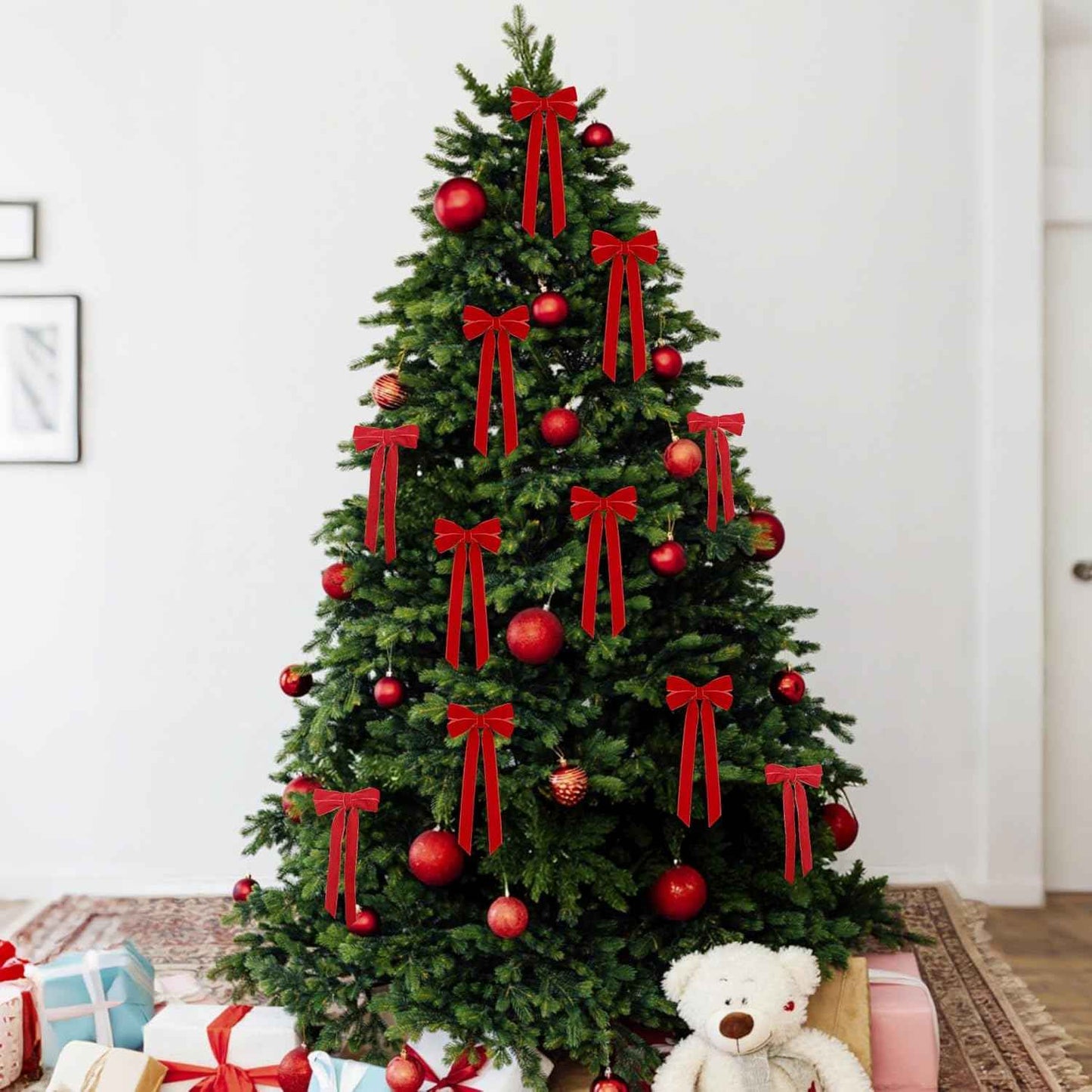 12Pcs Red Velvet Ribbon Bows Christmas Tree Decorations,5in x 10in Xmas Ornaments for Tree Home Party Front Door Wreath Holiday Decor