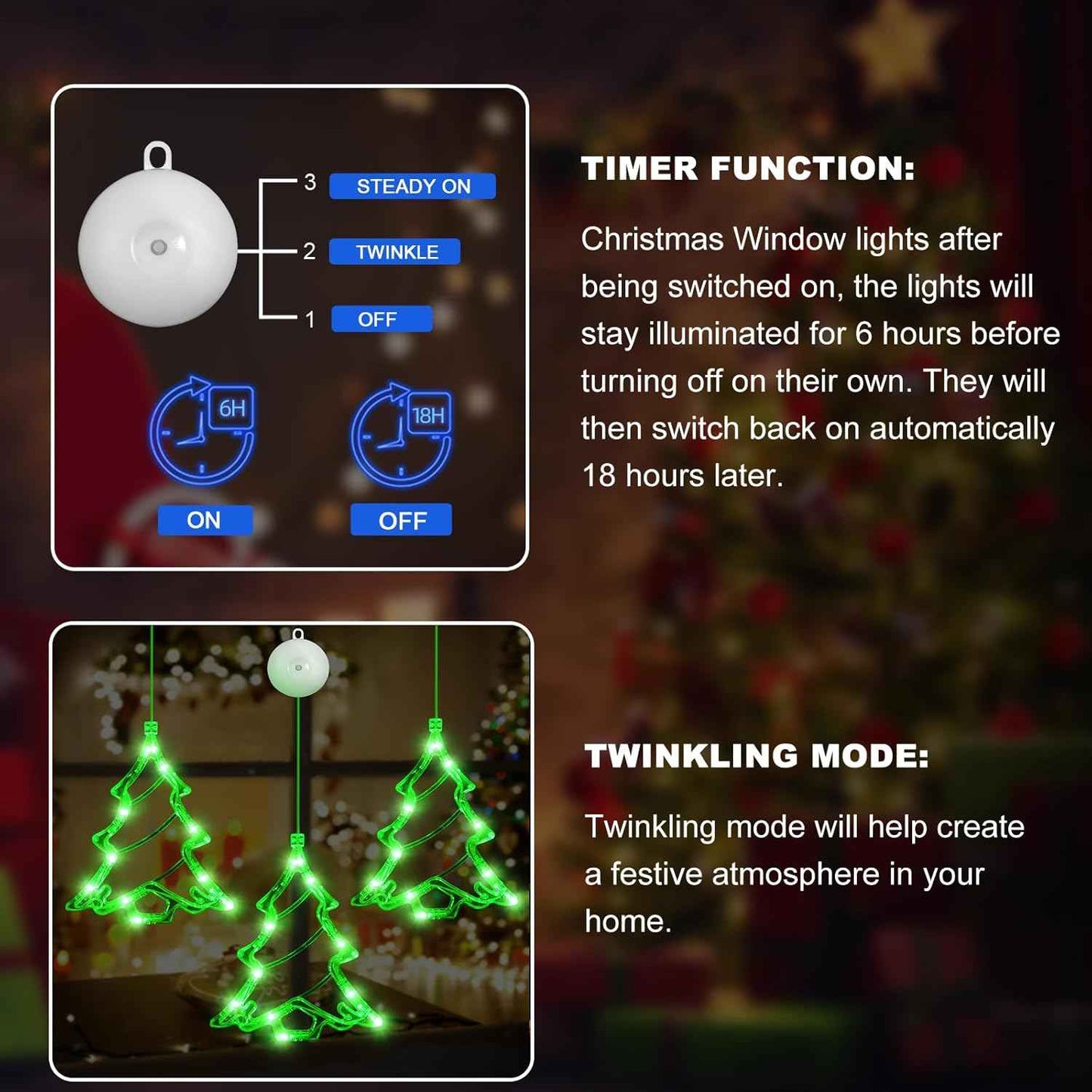3Pcs Battery Powered LED Christmas Tree Shaped Window Lights - Green Sucker Lamps for Xmas Decor Indoors and Outdoors