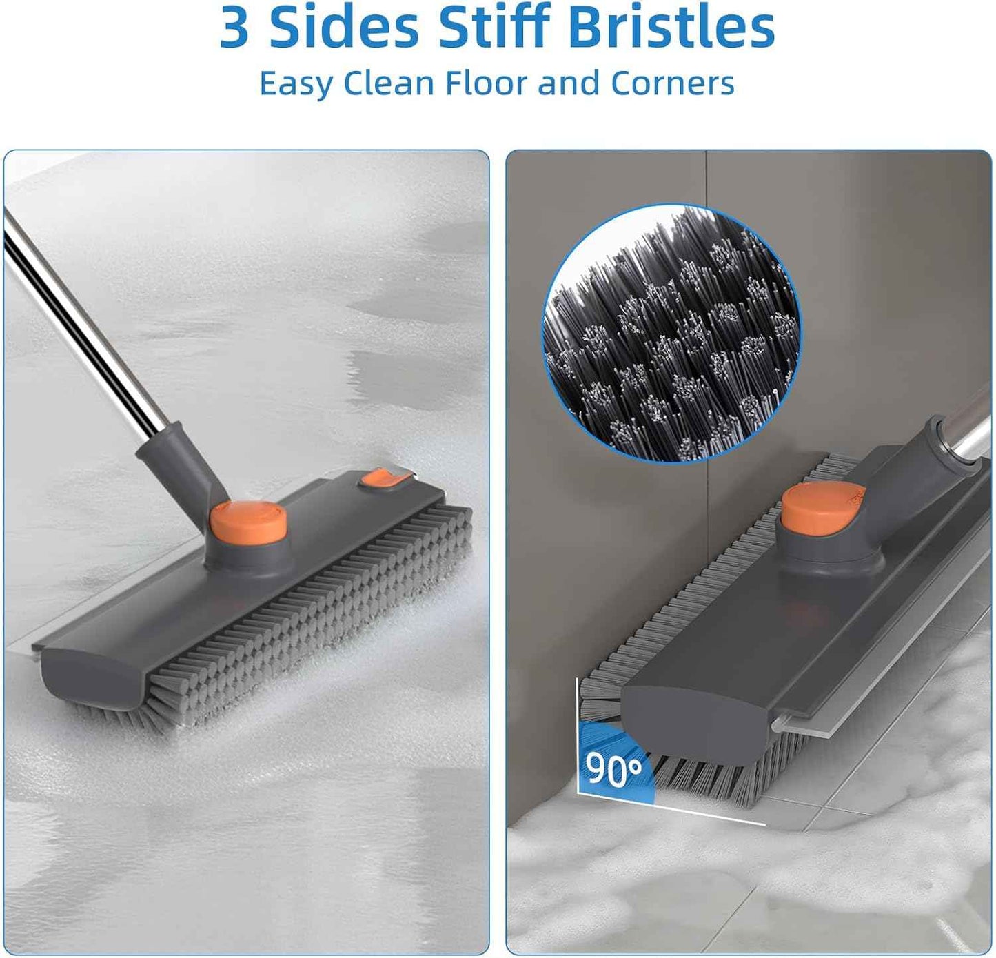 Scrub Brush with Long Handle, Floor Scrub Brush Squeegee Broom for Cleaning, 3 in 1 Shower Scrubber Floor Broom Squeegee for Concrete Tile Wall Deck Patio Grey