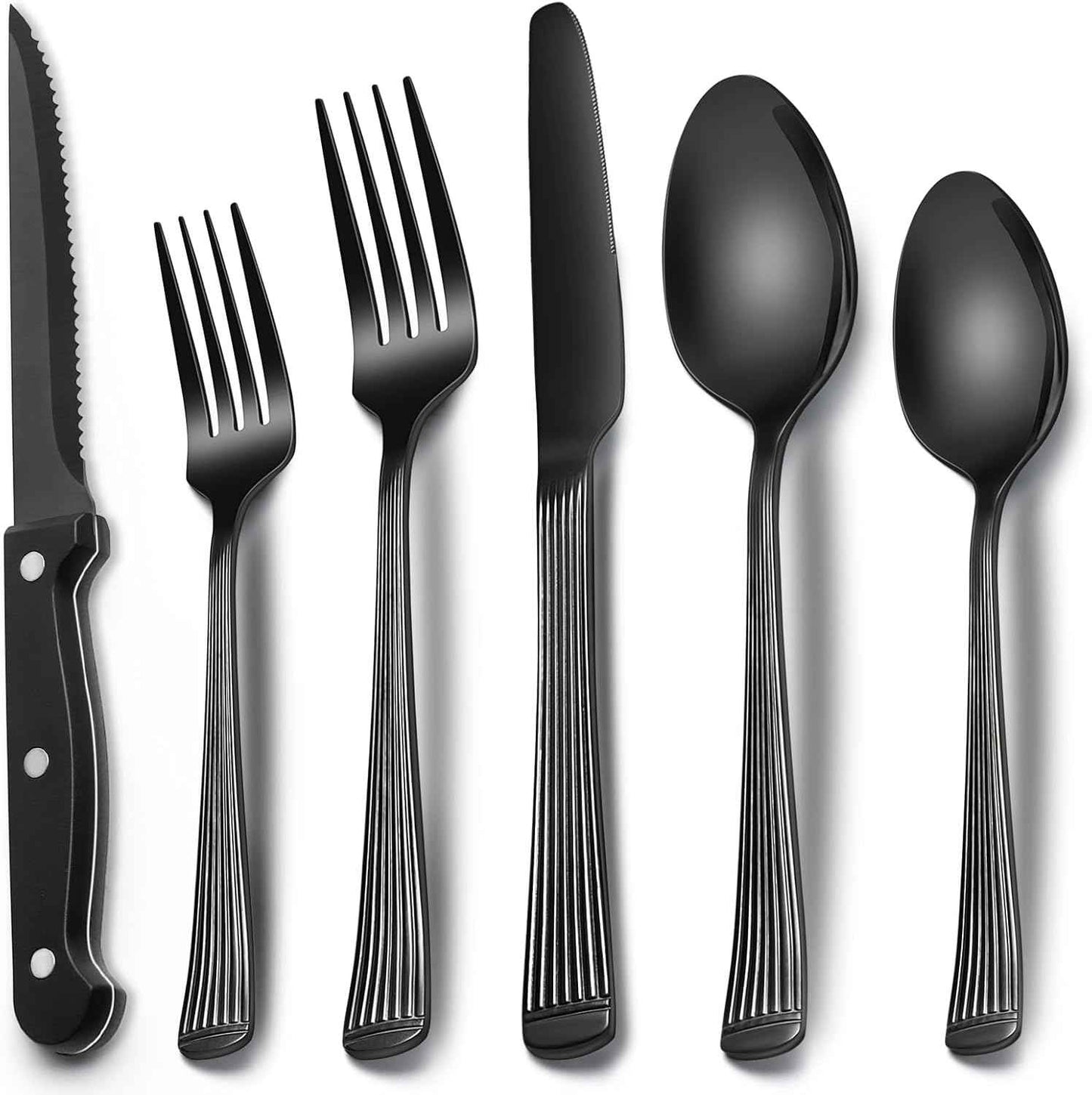 EWFEN 24-Piece Black Silverware Set with Steak Knives, Flatware for 4, Food-Grade Stainless Steel Tableware Cutlery Set, Mirror Finished Utensil Sets Home Restaurant