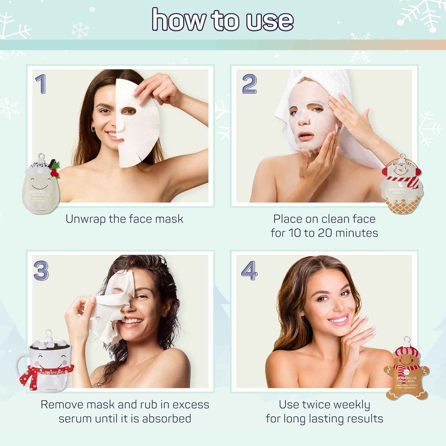 SpaLife Beauty Holiday Treats Christmas Face Mask Bundle | Korean Facial Mask | Hydrating, Soothing and Moisturizing Sheet Mask Set | Stocking Stuffers for Women | Bulk Christmas Gifts | 12 Pack