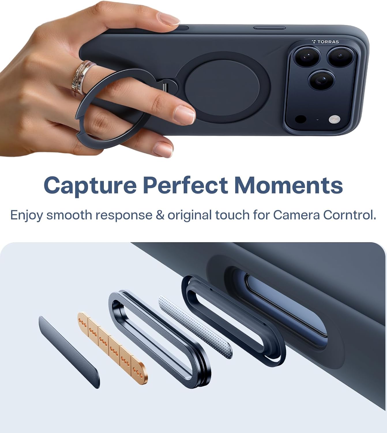 TORRAS Ostand Q3 Silicone for iPhone 17 Pro Max Case, Fit for MagSafe, 360 Spin Ring Holder Stand, Soft Liquid Silicone Cozy Grip, Camera Control, Protective Case for iPhone 17 Pro Max, Deep Blue - Rayz Mart