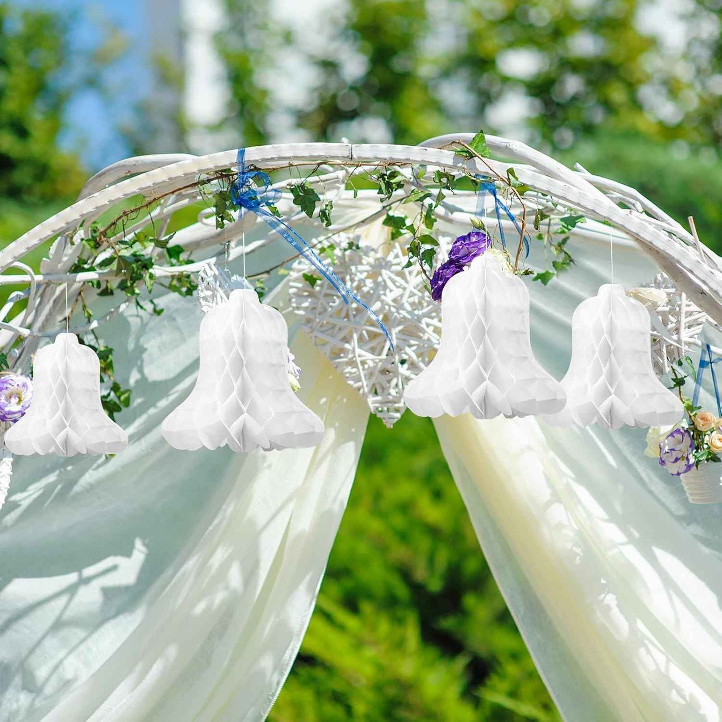 24 Pcs Paper Wedding Bells White Hanging Big Bridal Honeycomb Wedding Bells Decorations for Ceremony Parties Baby Showers Christmas Decorating Supplies, 7.9inch and 11.8inch