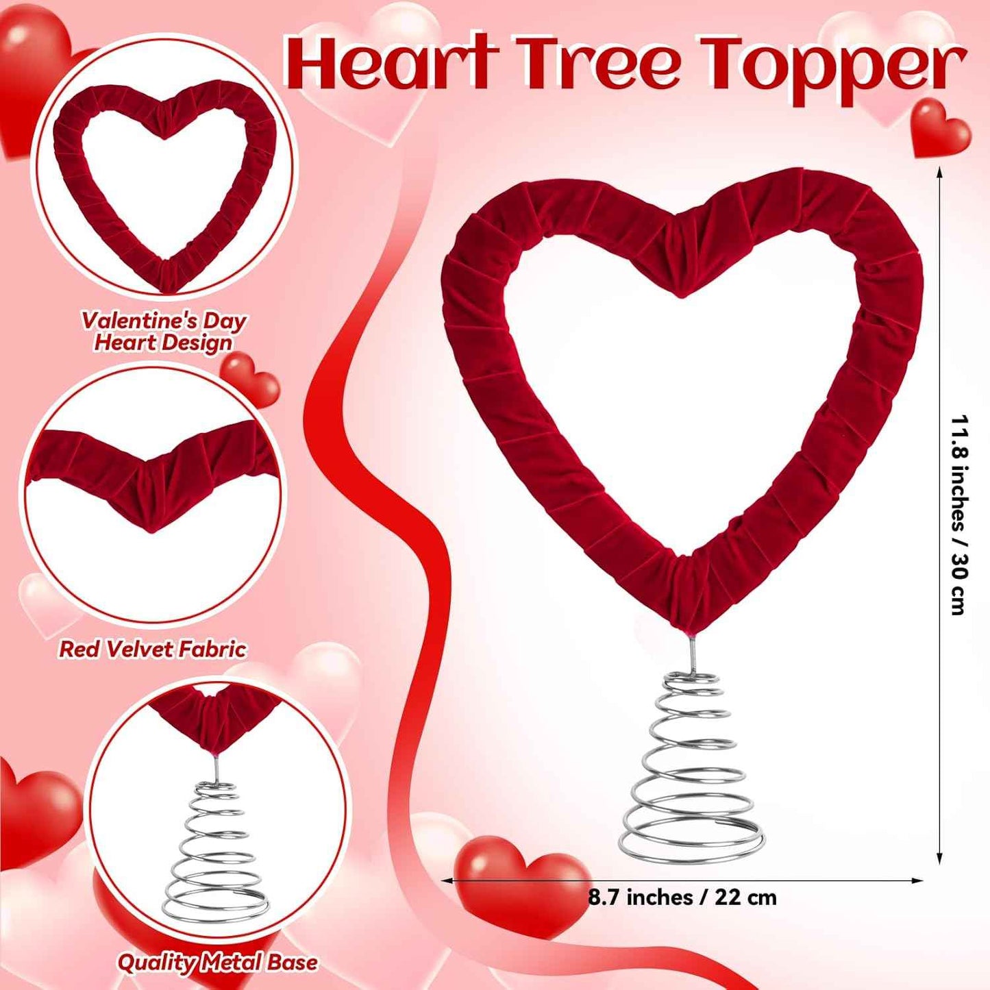 Valentine's Day Heart Tree Topper with 2 Rolls Velvet Ribbon, Velvet Tree Topper Decorations Red Pink Ribbon Ornaments for Valentine's Day Wedding Holiday Party Supplies Gifts Home Decor