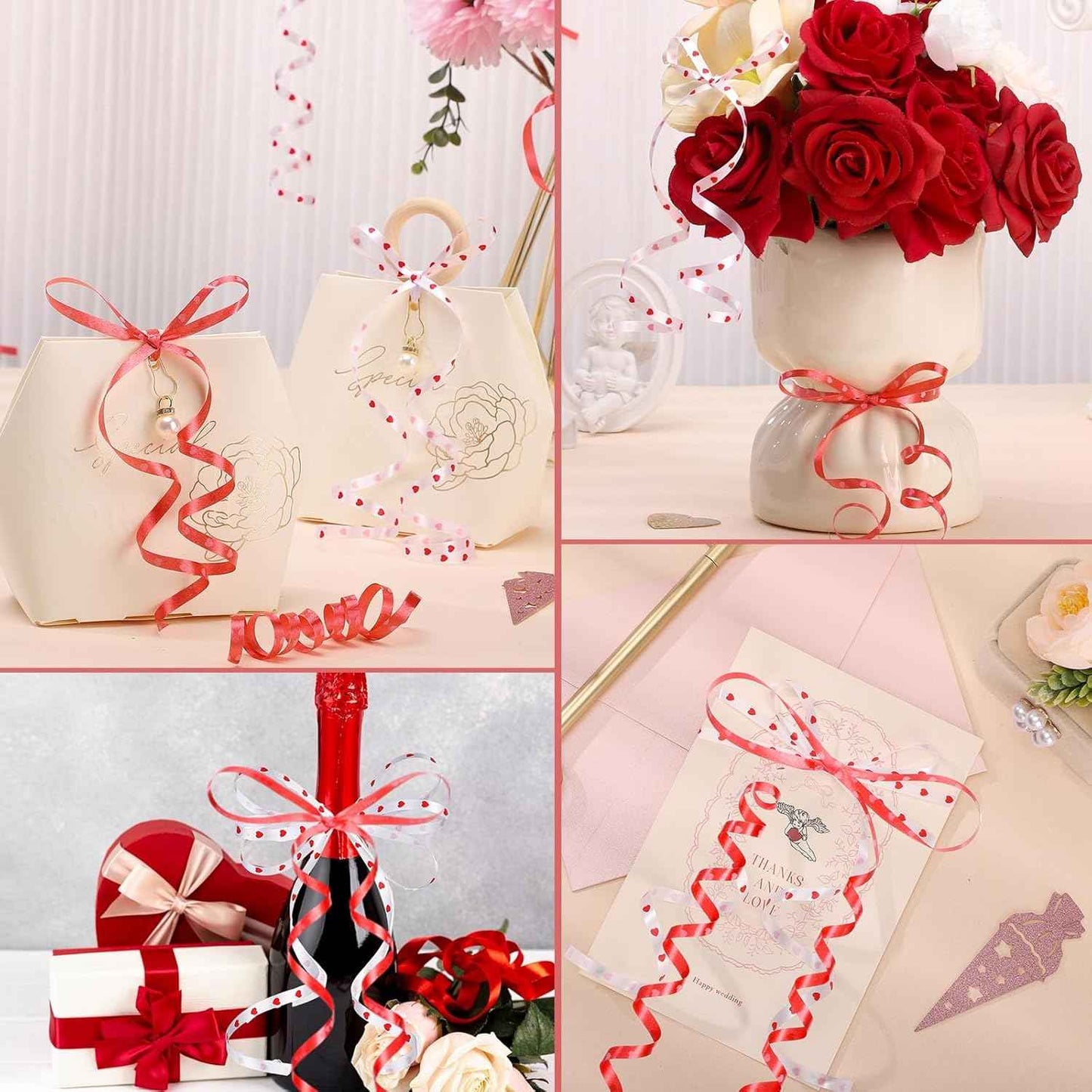 600 Yards Valentine Ribbon 1/5 Inch Heart Curling Ribbon 2 Rolls 300 Yard Per Roll White Red Balloon String Ribbons for Gift Wrapping Birthday Party Valentine's Day Decorations