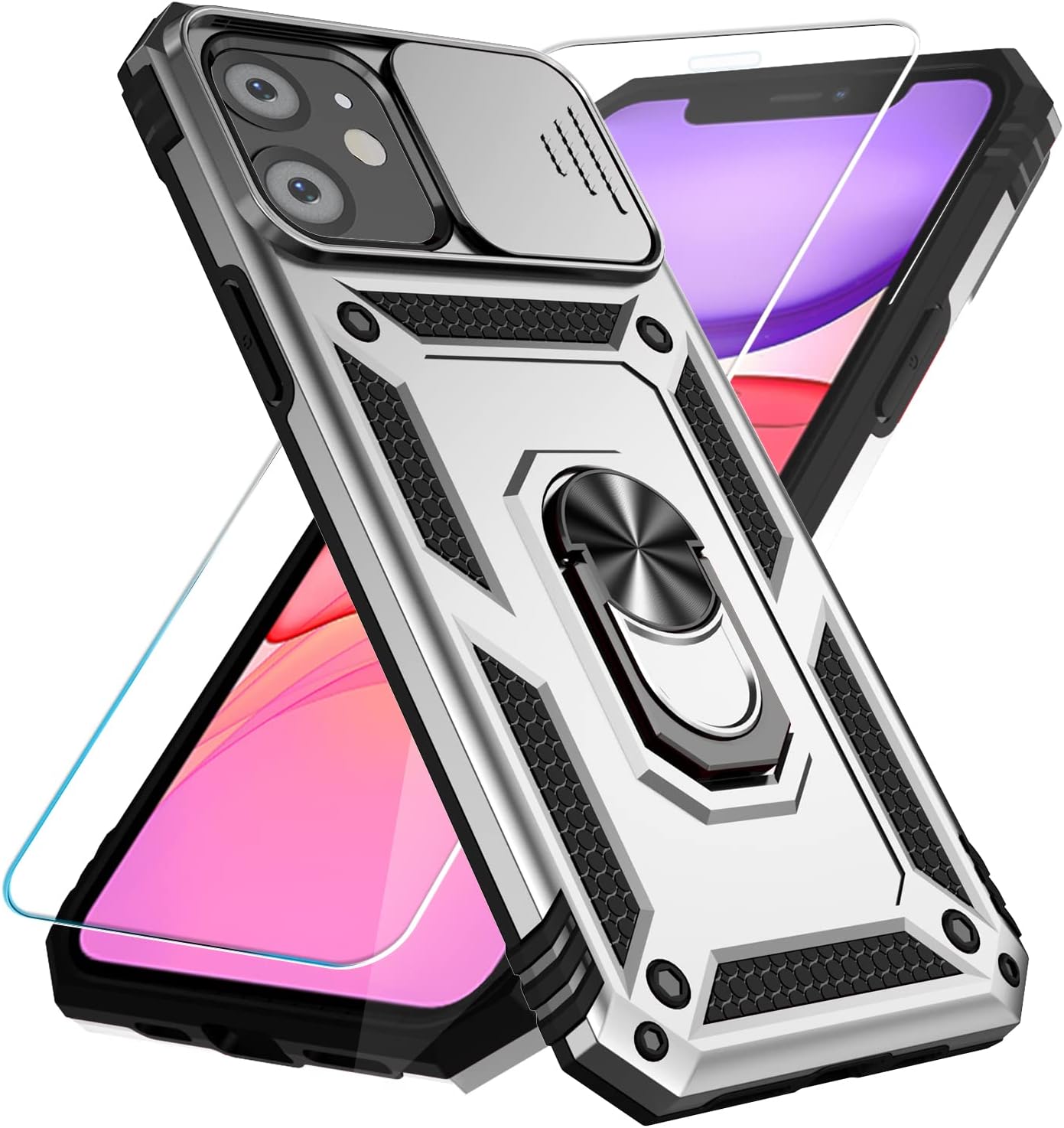 SunStory Phone Case for iPhone 16 6.1" with HD Screen Protector | Slide Camera Cover | Rotated Ring Kickstand | Military-Grade Protection | Red