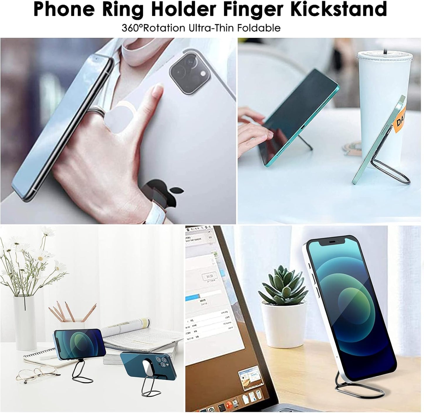 Phone Holder Foldable Phone Stand Phone Ring Holder Finger Kickstand 360° Rotation Cell Phone Stand Metal Phone Grip for Magnetic Car Mount Sticky Phone Grip Compatible with Most Smartphones