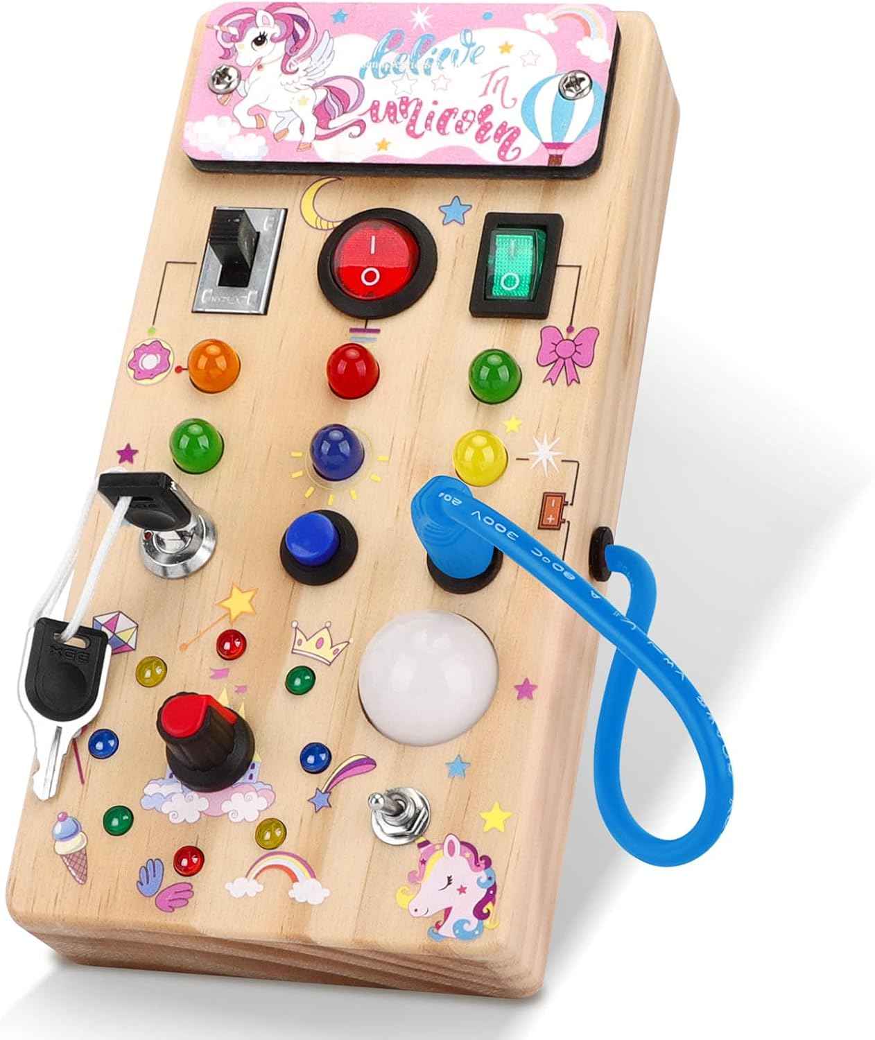 Hoarosall Montessori Wooden Busy Board with 8 LED Light switches, Sensory Toys Light Switch Travel Toys for 1+ Year Old Baby and Toddler