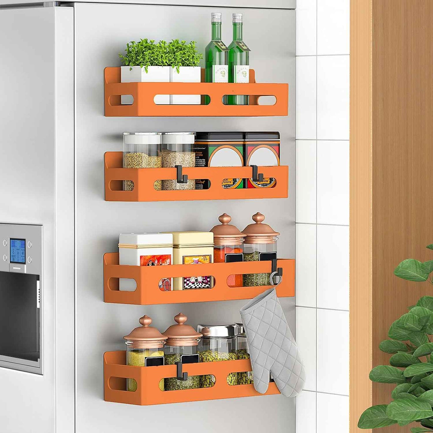 4 Pack Magnetic Spice Rack for Refrigerator, Spice Rack Organizer, Moveable Magnetic Shelf Fridge Organizer with 4 Hooks for Kitchen and Oven Organization, Black