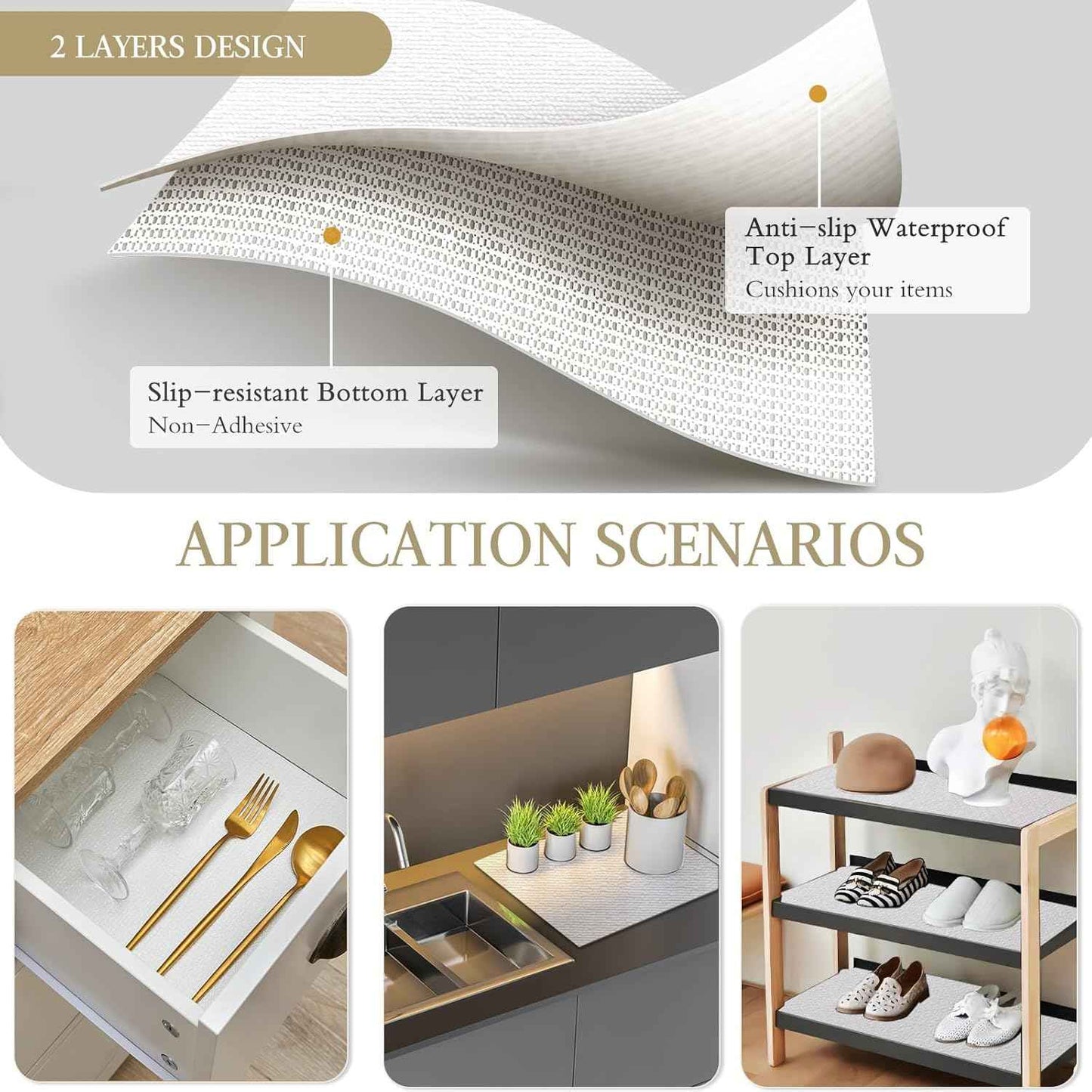 Beautysaid Shelf and Drawer Liner for Kitchen Cabinet, Non Adhesive Non Slip Shelf Paper Waterproof Washable Thickened for Dresser Pantry Shelve Bathroom Protector Liner(White,12 in x 10 FT)