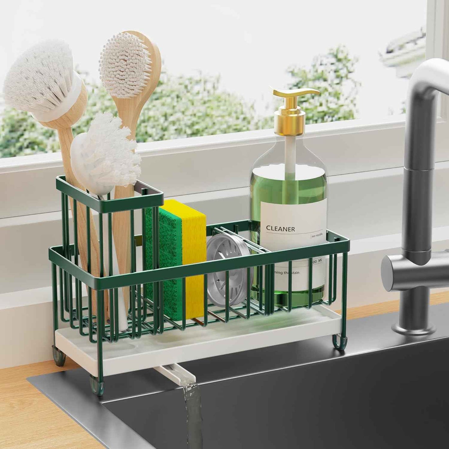 Cisily Silver Sponge Holder for Kitchen Sink, Sink Caddy Organizer with High Brush Holder, Kitchen Countertop Organizers and Storage Essentials, Rustproof 304 Stainless Steel, Soap Dispenser Organize