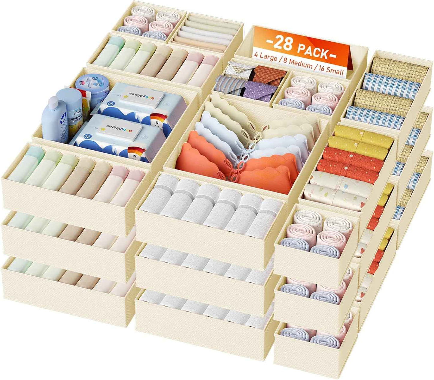 DIMJ Drawer Organizer Clothes, 12 Pack Dresser Organizer, Foldable Closet Organizers and Storage, Fabric Dresser Bins, Drawer Dividers for Nursery, Baby Clothes, Underwears, Sock (Beige)
