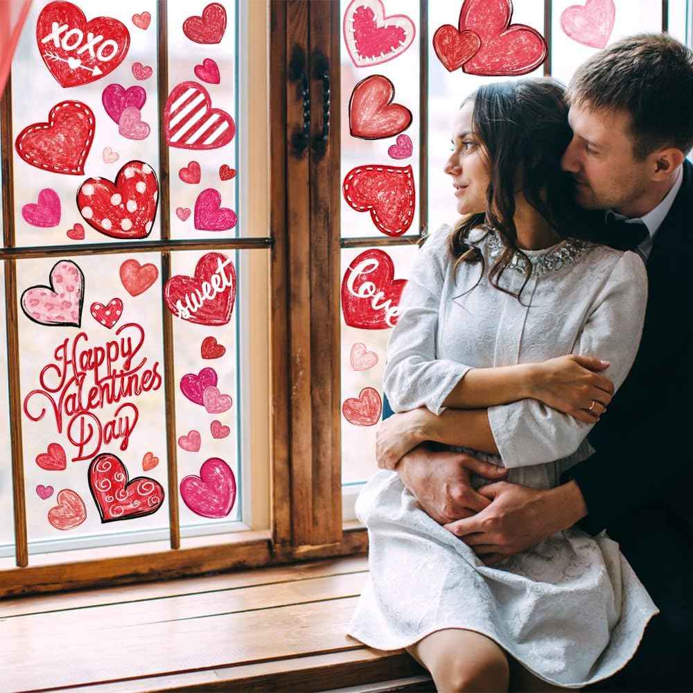 DIYDEC 6 Sheets Valentines Window Cling Double-Sided Pink Red Love Heart Window Stickers Happy Valentines Window Decals for Home Wedding Anniversary Party Store Glass Holiday Decoration