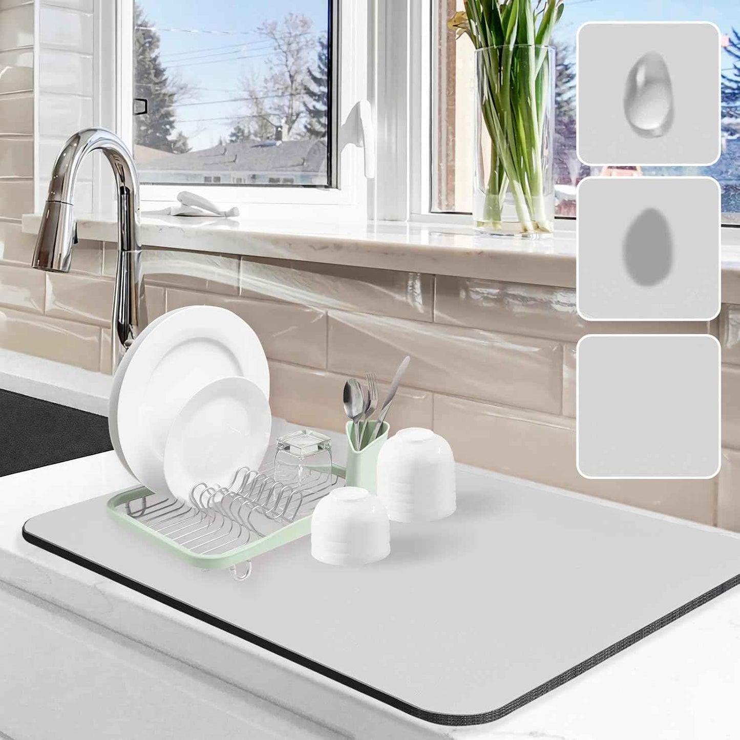 Dish Drying Mat for Kitchen Counter, 12"x19" Dish Drying Pad with Non-slip Rubber Backed, Hide Stain Anti Absorbent for Kitchen Counter, Drying Mat for Coffee Machine Dish Rack (Grey)