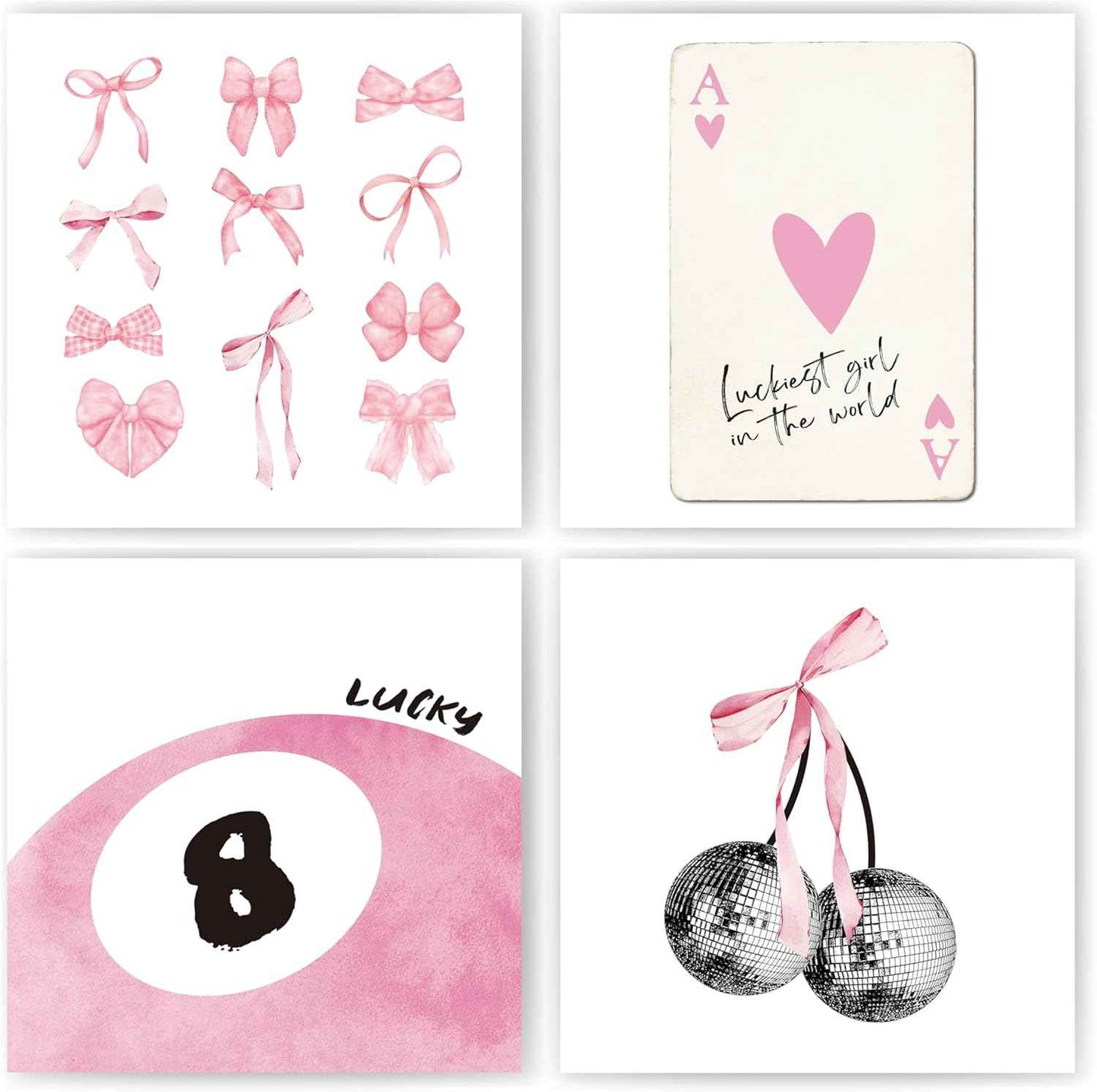 okaxscm Sage Green Coquette Trendy Preppy Wall Art Prints Set of 4, Coquette Preppy Room Decor Aesthetic, Green Bow Disco 8 Ball Cherry Wall Decor Posters for Girls Bedroom Dorm, 8x10 Unframed