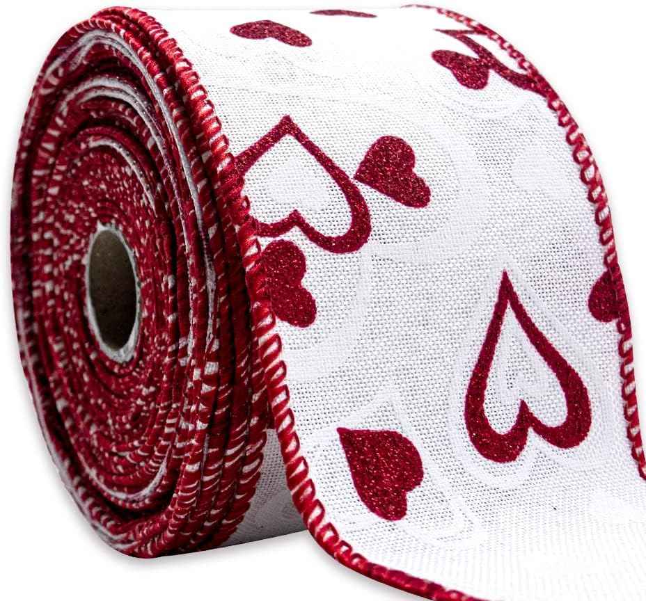 Valentines Fabric Ribbons, White Love Heart Edge Wired Burlap Ribbon for Valentine's Day Hanging Wrapping Party Gift Decoration Indoor Outdoor Tree Crafts Supplies (2.5 Inch * 10 Yards * 1 Roll)