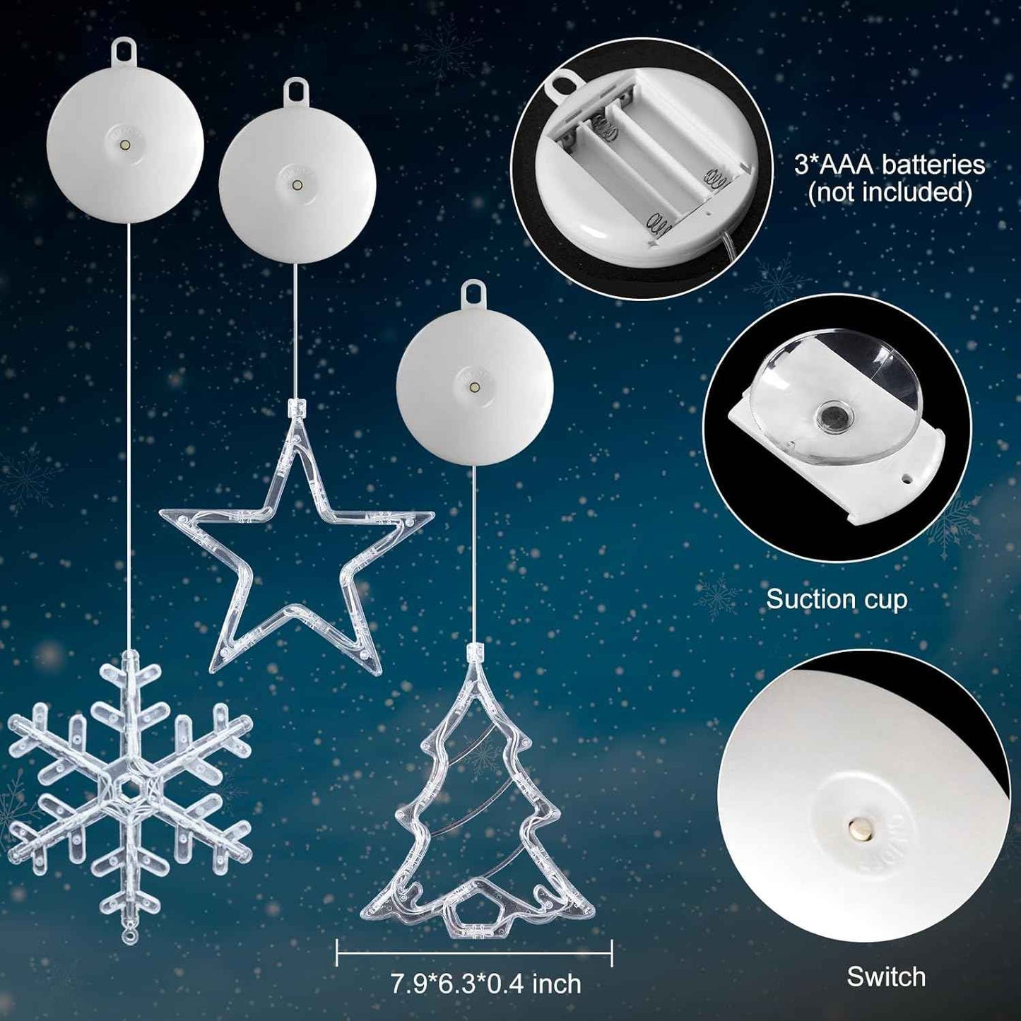 3Pack Christmas Window Lights Decorations with Timer, Battery Powered Hanging White Lighted Snowflake Tree Star Shaped LED Sucker for Xmas Tree Fireplace Indoor Decor