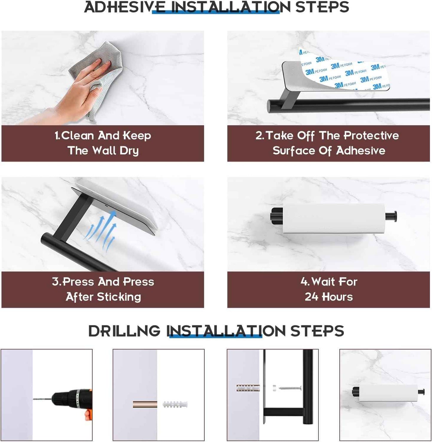 ASTOFLI Paper Towel Holder Under Cabinet No Drilling, Self Adhesive Paper Towel Holder Wall Mount for Kitchen Rack, Under Counter Napin Holder No Drill, RV, 304 Stainless Steel 12 Inch Matte Black