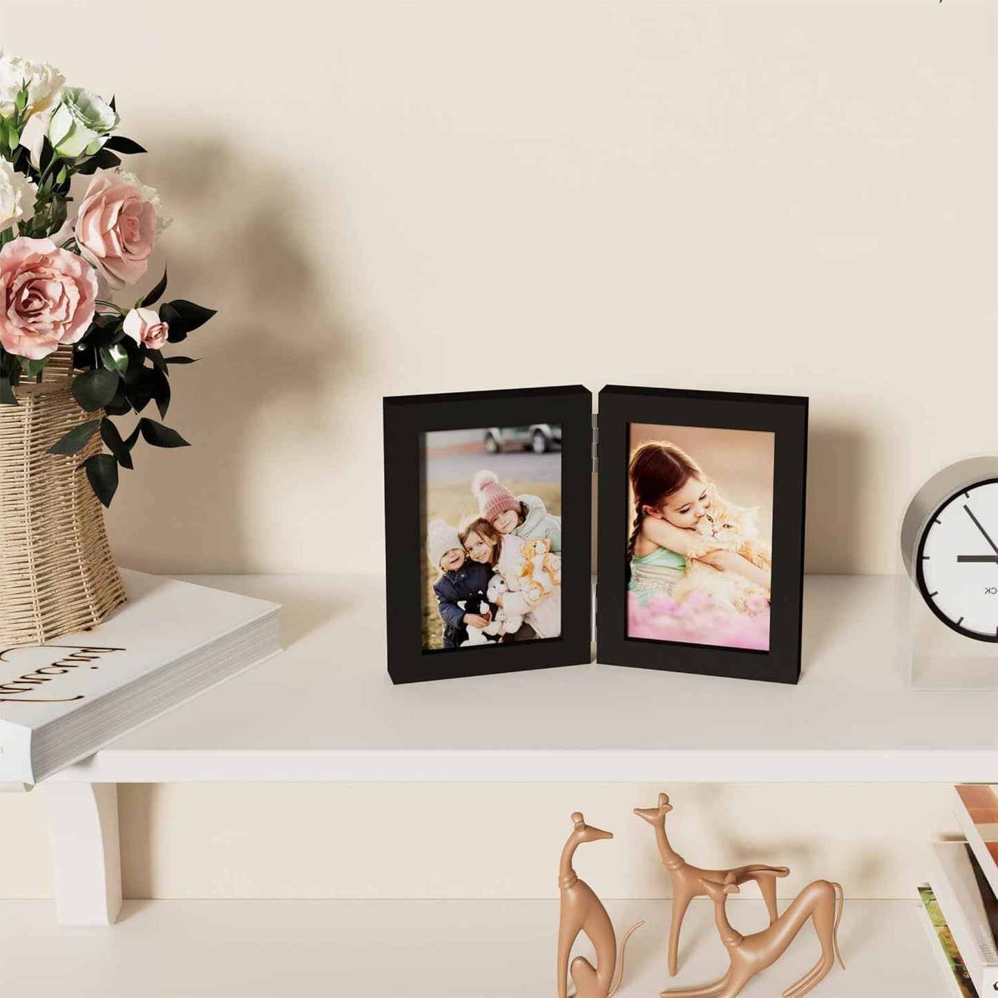 decorUhome Double 4x6 Picture Frame Vertical, Engineered Wood Bifold Photo Frame with Plexiglass for Tabletop Display, 4x6, Black