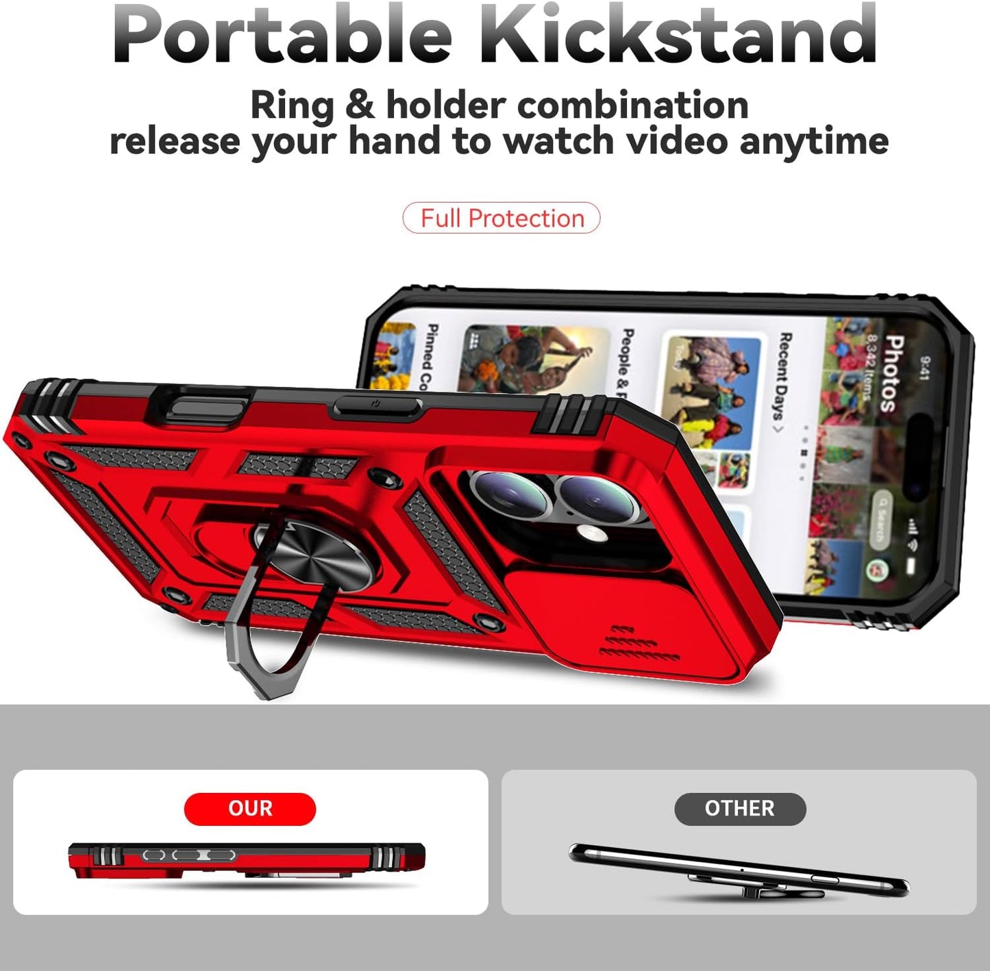SunStory Phone Case for iPhone 16 6.1" with HD Screen Protector | Slide Camera Cover | Rotated Ring Kickstand | Military-Grade Protection | Red