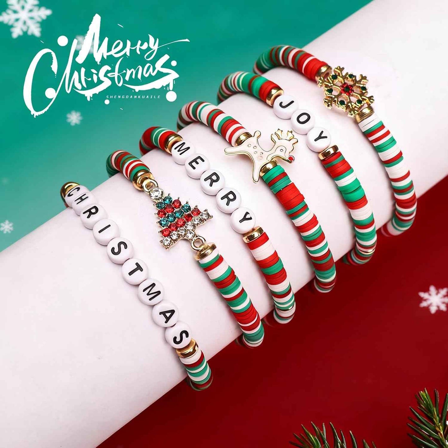 Christmas Bracelets for Women Men Teens Joy Merry Christmas Charms Beaded Stretch Bracelets Christmas Festive Gifts Outfit Accessories