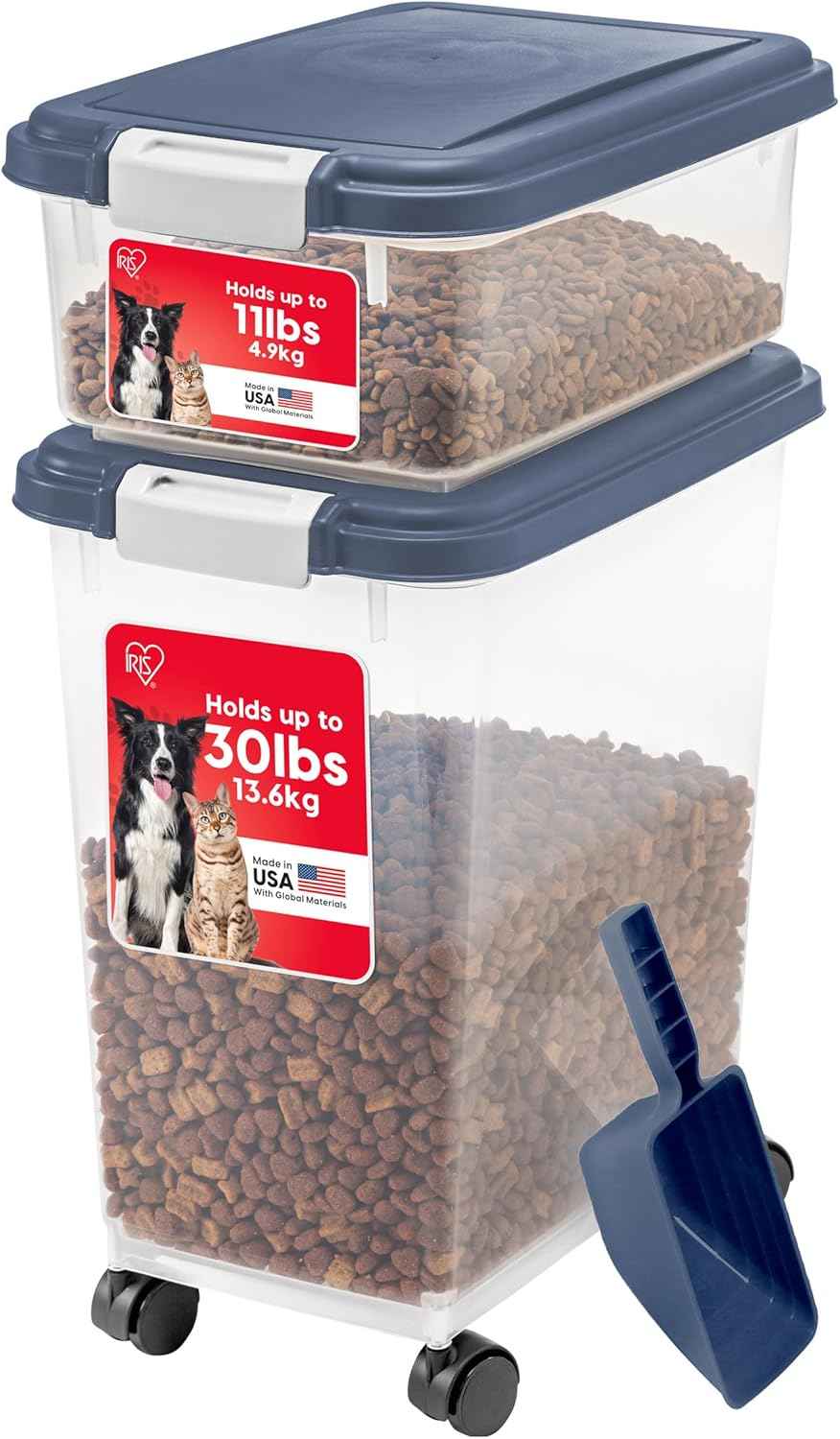IRIS USA Dog Food Storage Container, 30 lbs & 11 lbs Combo, Cat Food Storage Container, Dog Treat Container, Airtight, Stackable, 2-Cup Scoop, Wheels, Easy Mobility, Black
