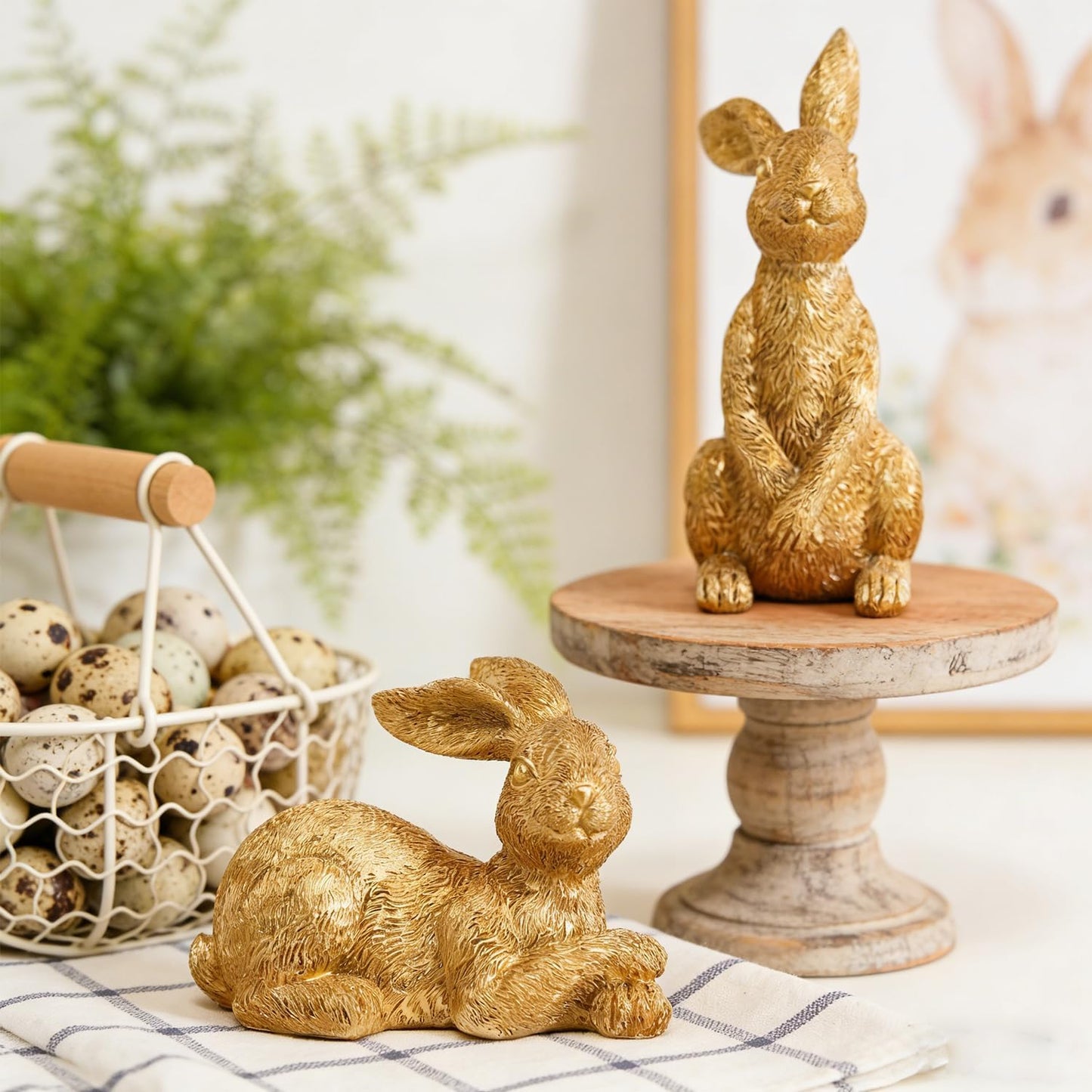 Resin Gold Bunny Decor Rabbit Figurines, Small Easter Bunny Figurine Set of 3, Easter Rabbit Statues for Spring Tabletop Decor